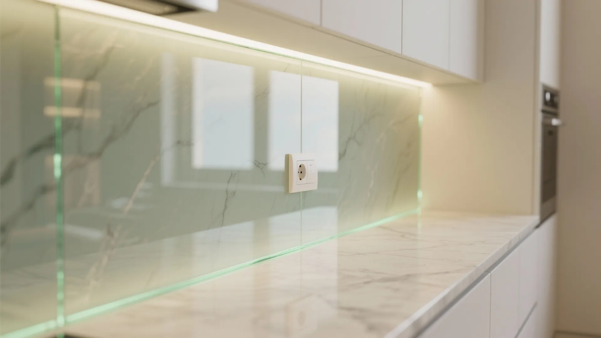 Glass backsplash for airy, reflective light