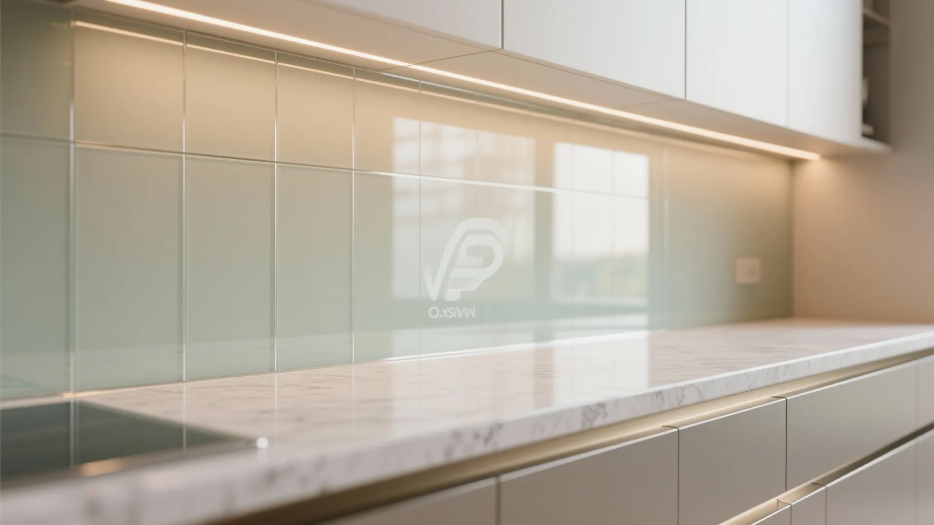 Glass backsplash and reflective finishes to amplify light