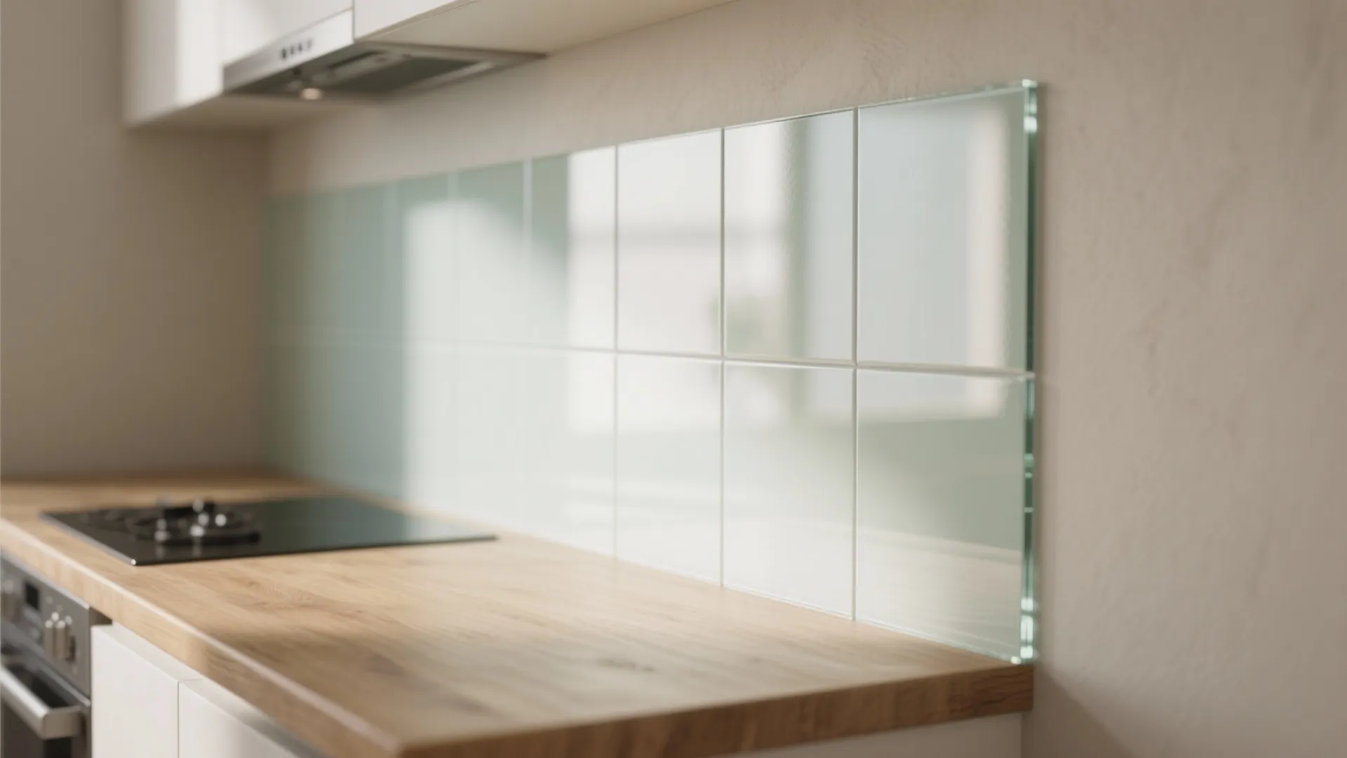 Modern kitchen with wood countertop and light green glass tiles reflecting light on the wall