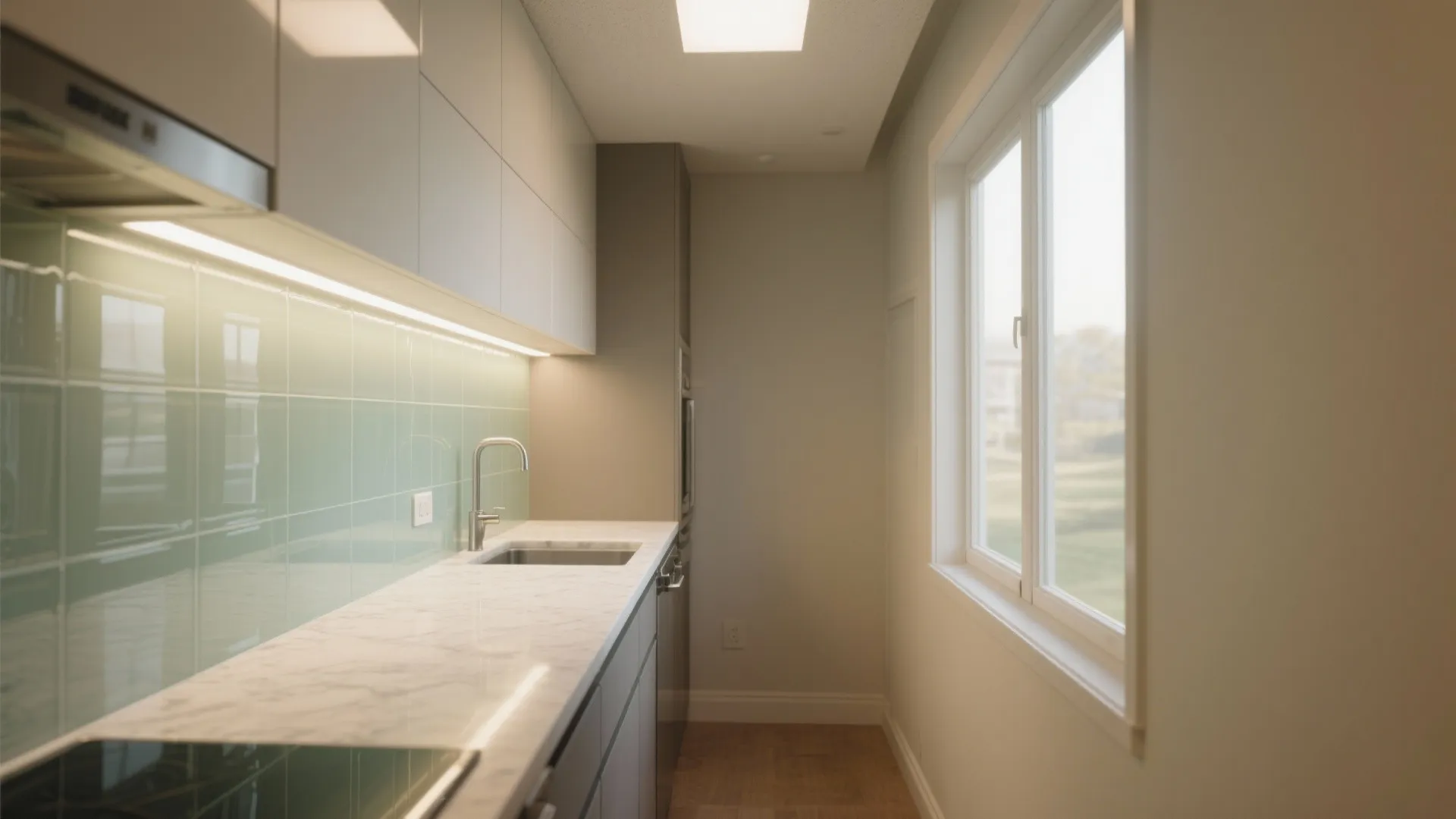 Modern narrow kitchen with green wall tiles marble countertop white cabinets large window and bright lighting