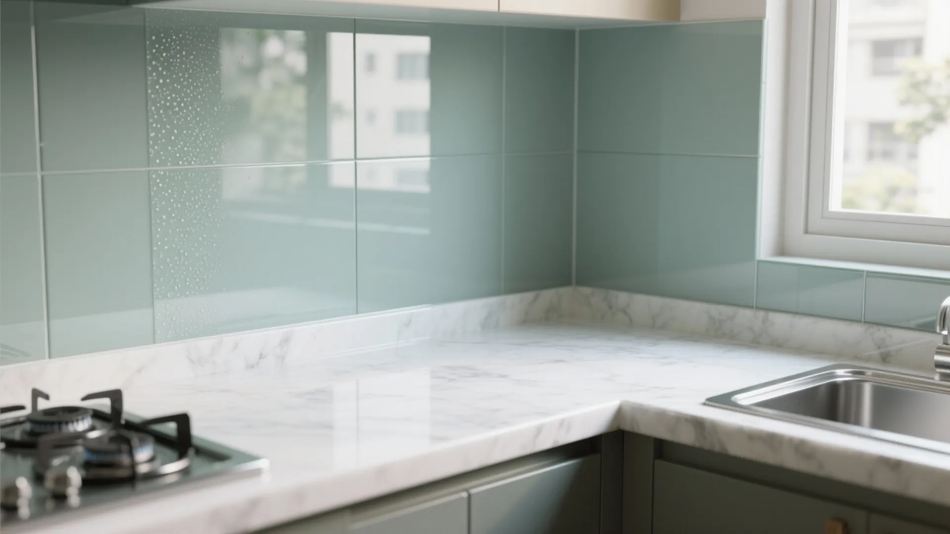 Glass Backsplash for an Airy, Easy-to-Clean Tiny Kitchen