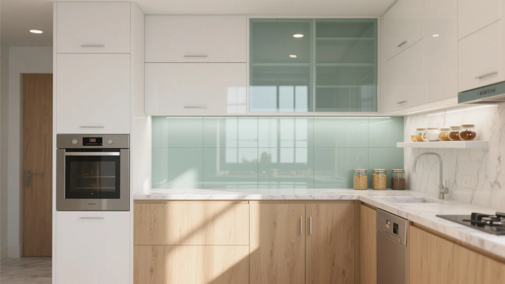 Kitchen counter with light green glass wall wooden cabinets white oven and marble surface design inspiration