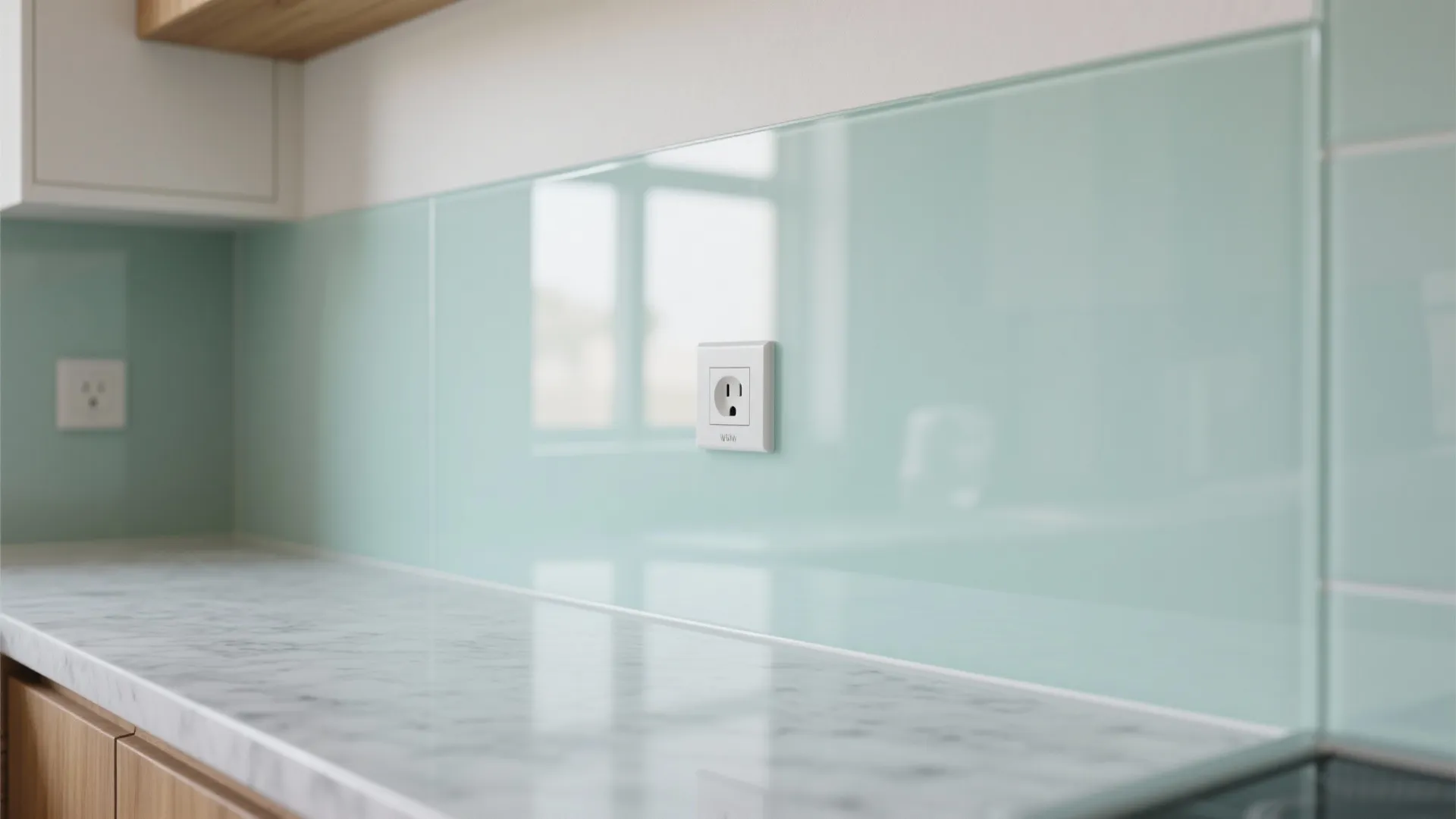 Glass backsplash and reflective finishes