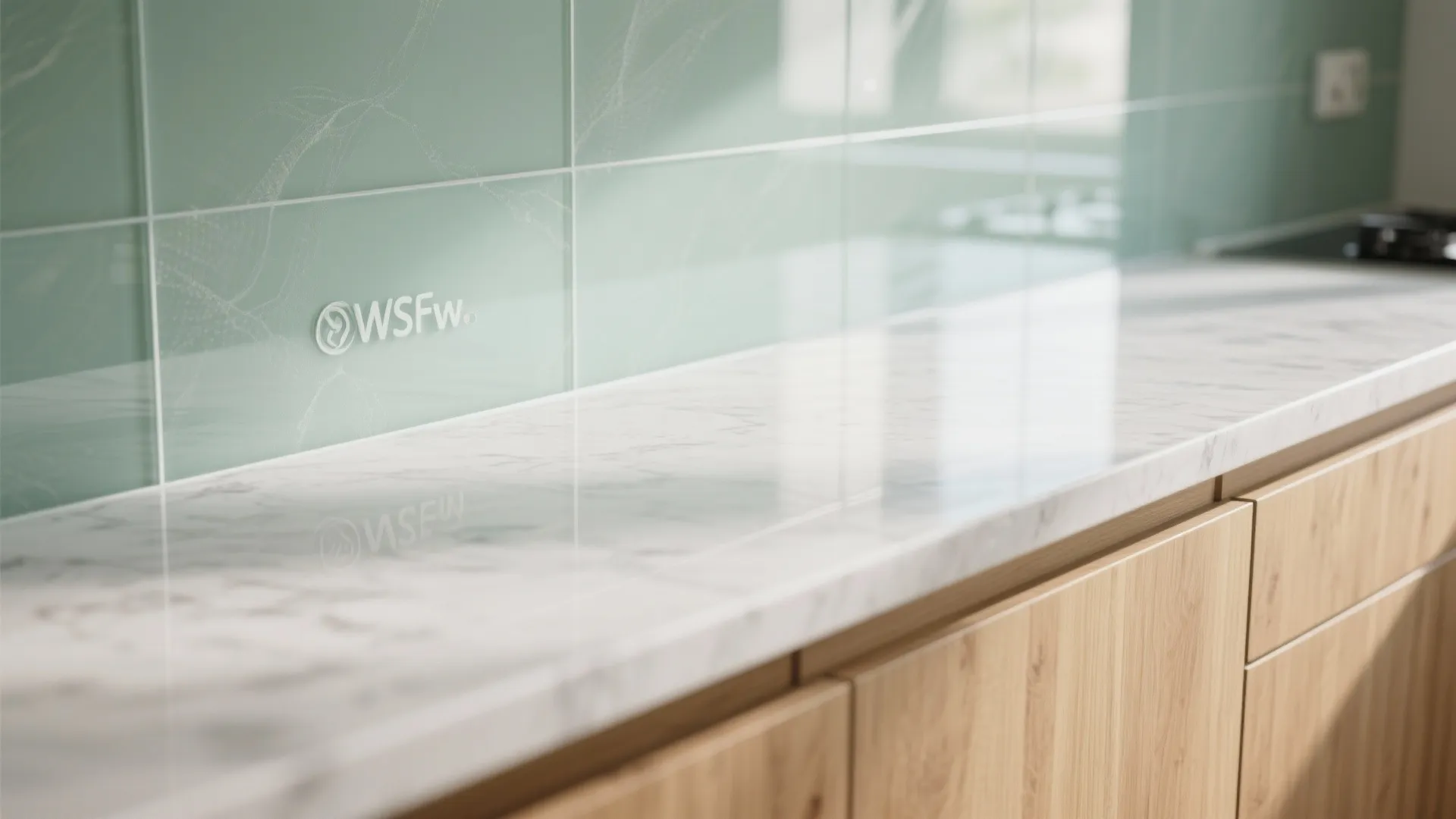 An L-shaped compact kitchen with a glass backsplash