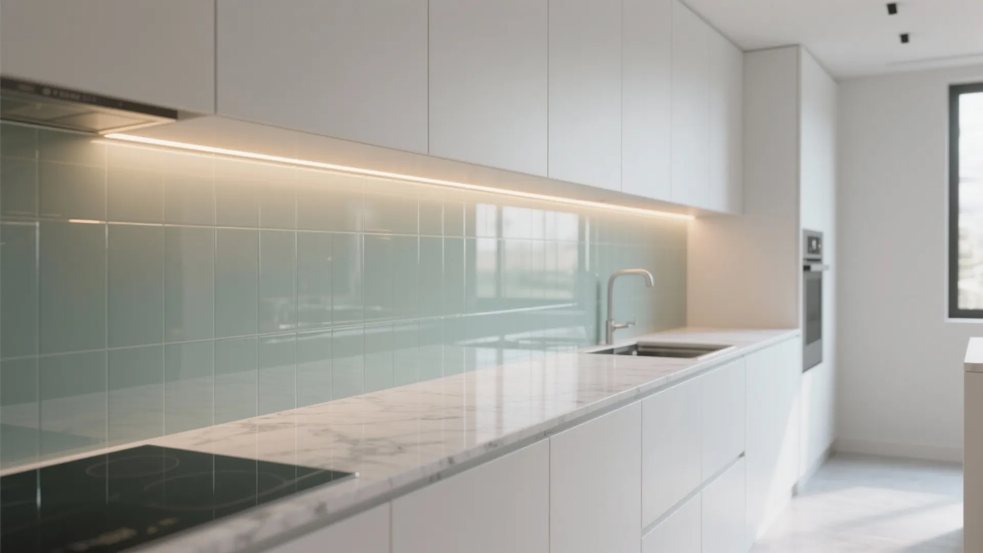 A Glass Backsplash for Borrowed Light and Easy Cleaning
