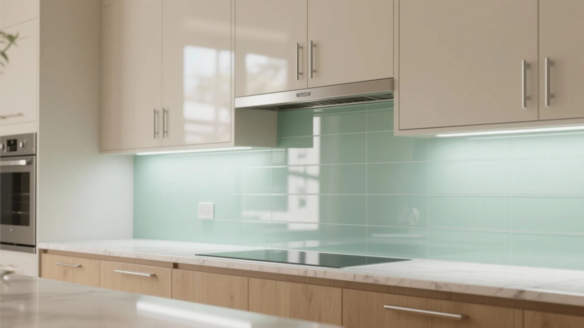 Glass backsplash and reflective finishes