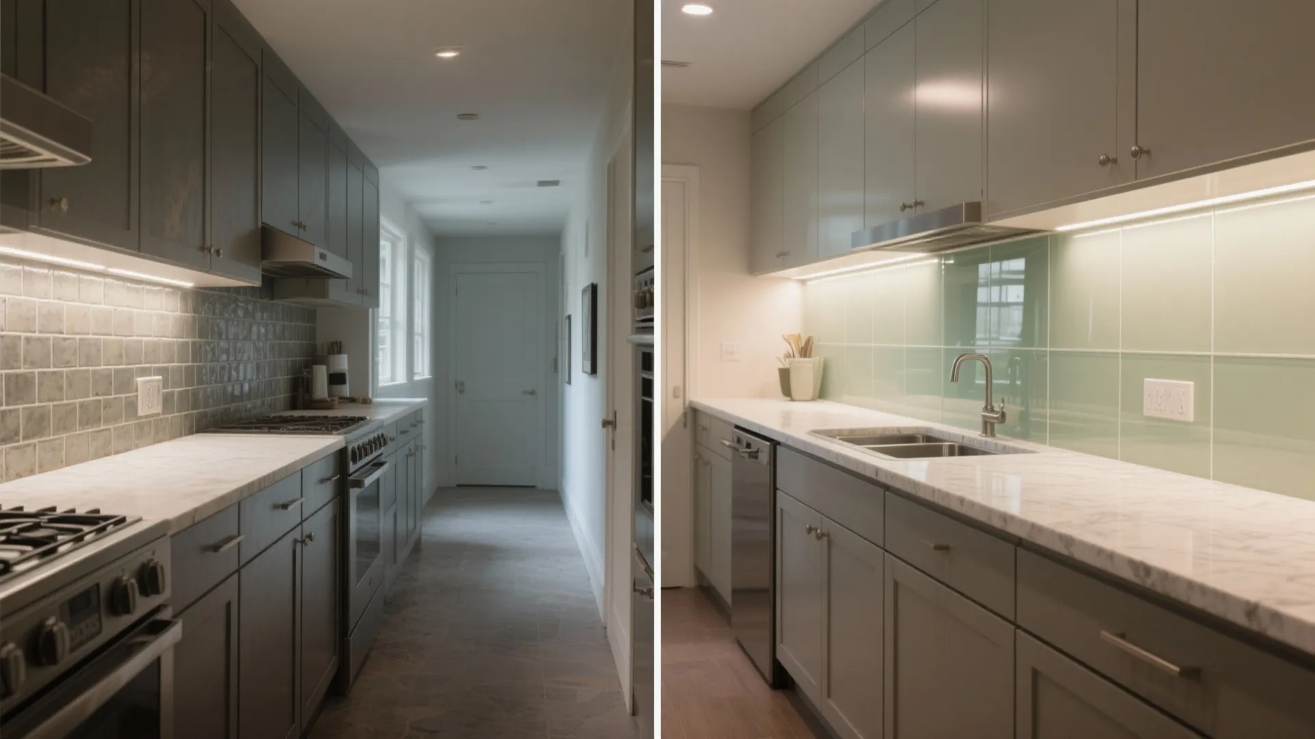 Glass backsplash and layered lighting for a brighter galley