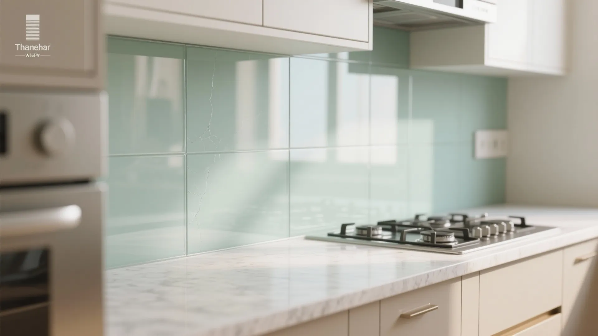 Glass backsplash and light-reflecting surfaces for an airy feel