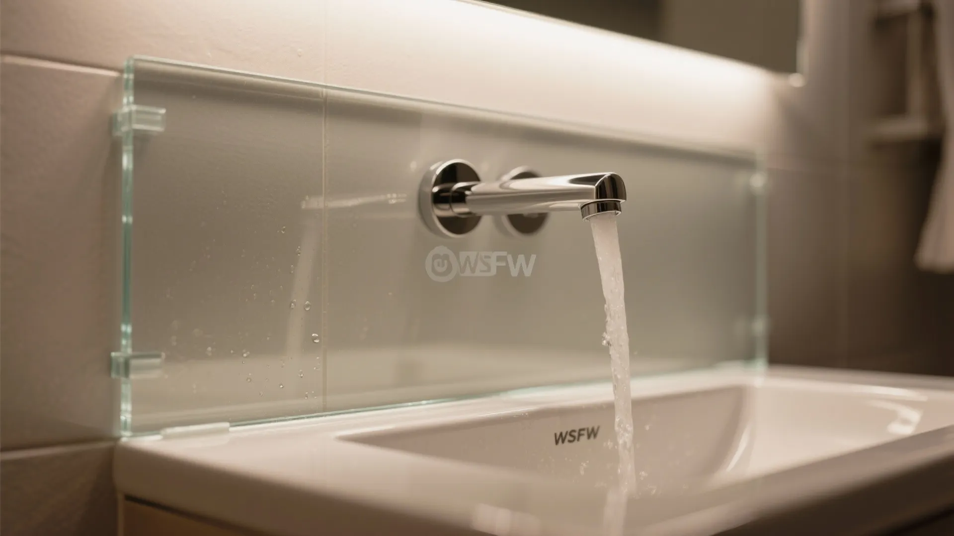 Close up view of water running from a silver wall faucet into a white bathroom sink