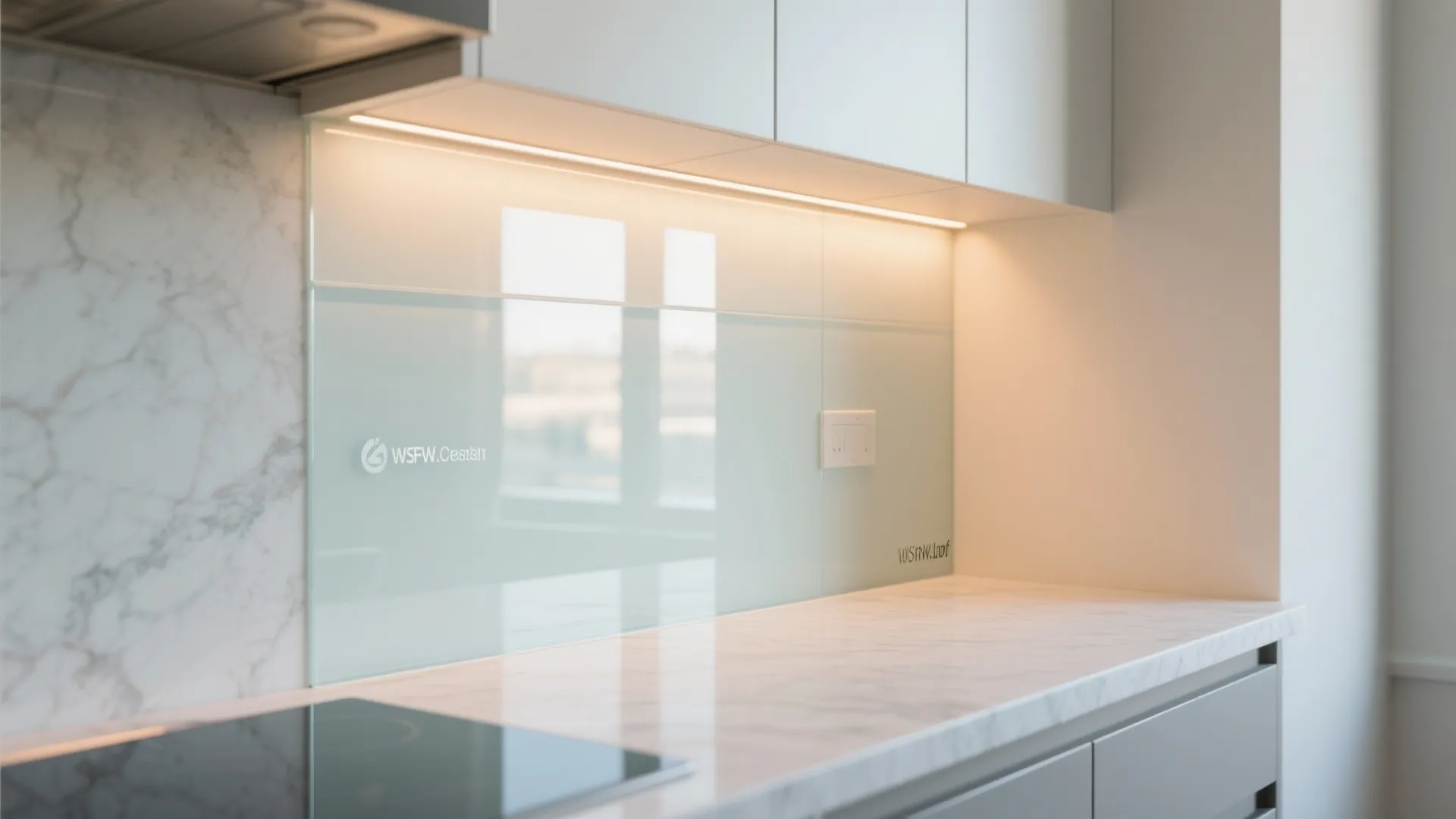 Modern kitchen with white marble countertop light blue glass wall panel and warm cabinet lighting