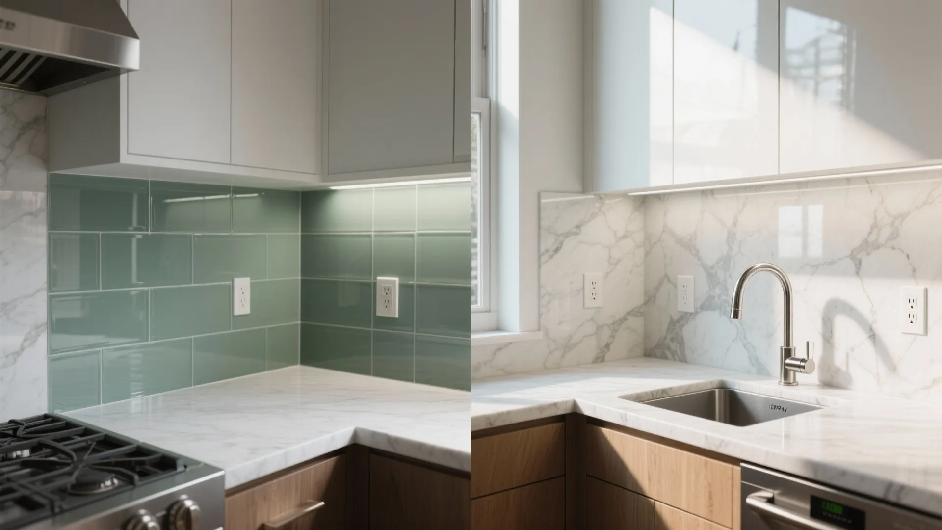 A glass backsplash that makes the kitchen feel larger