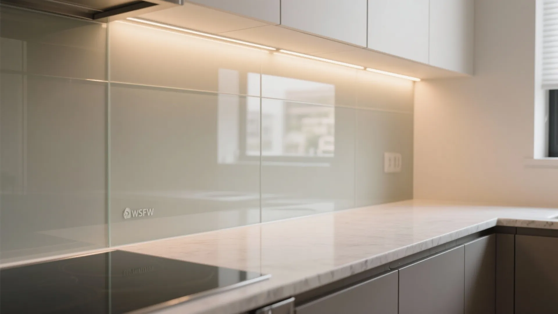 The airy glass backsplash and light-reflective finishes