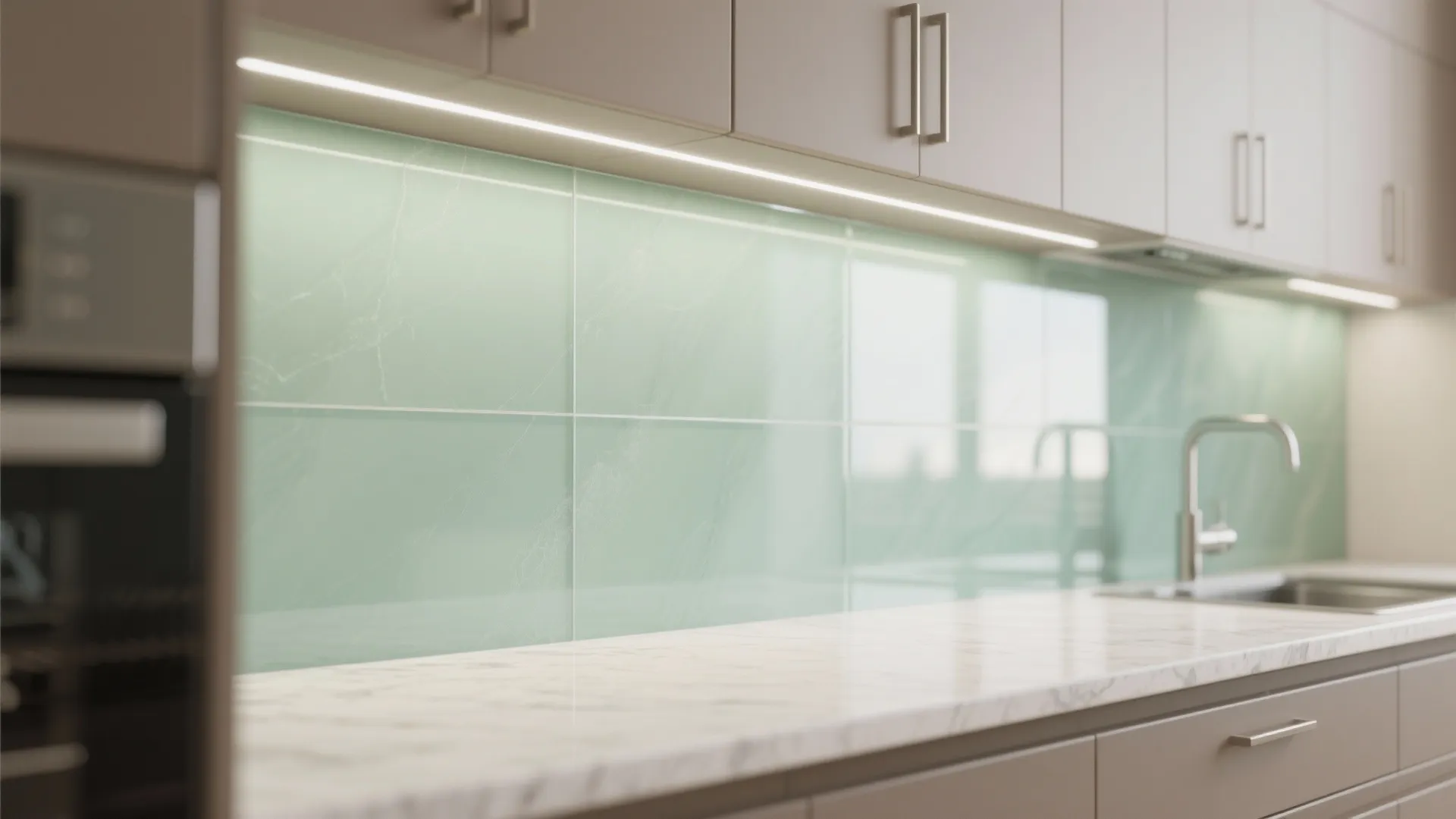 Light-reflecting finishes and a glass backsplash