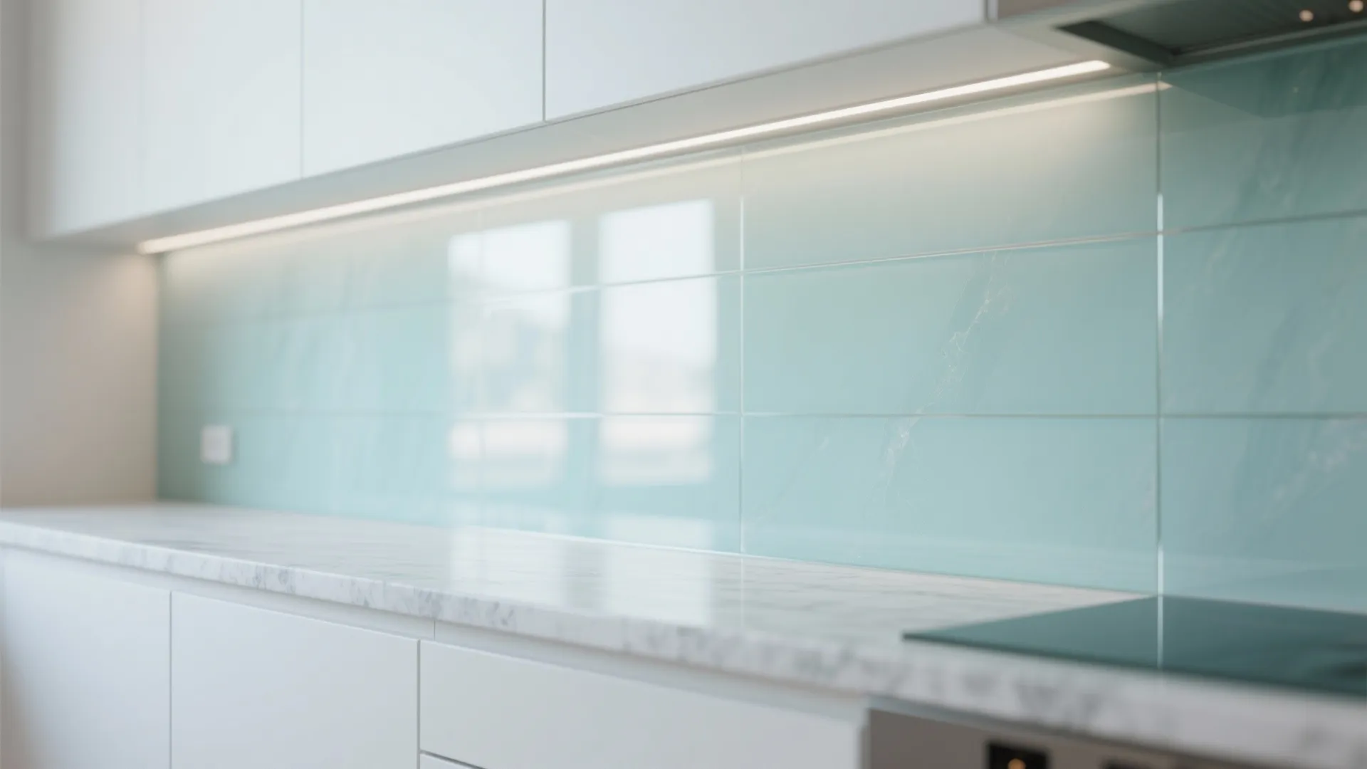 A glass backsplash opens cramped kitchens