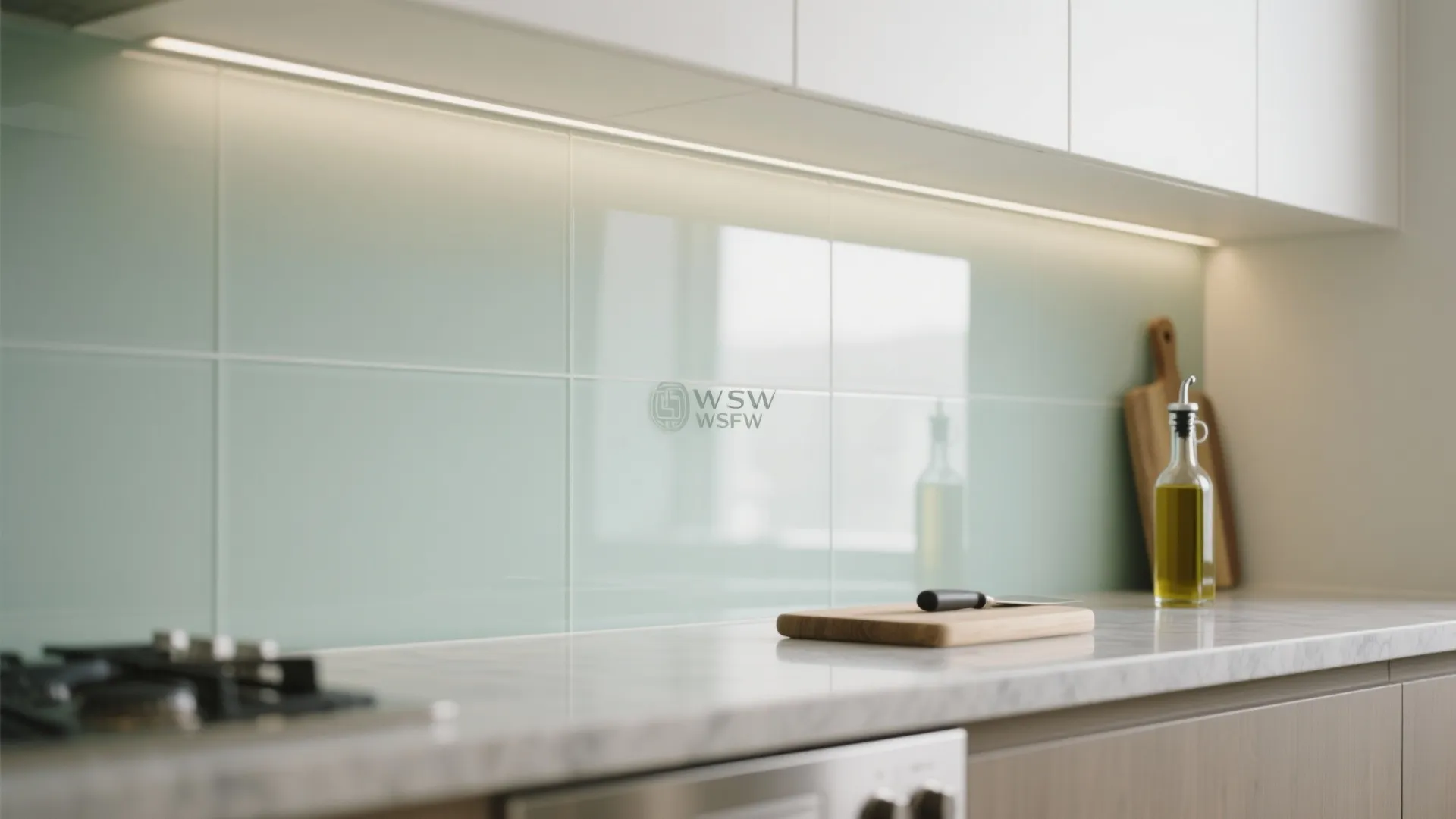 Glass backsplash for light, reflection, and easy cleanup