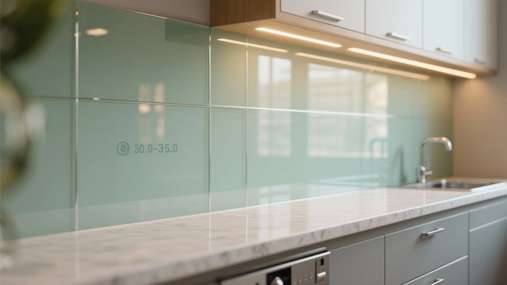 Modern kitchen with green glass wall tiles marble countertop white cabinets sink and integrated light fixture