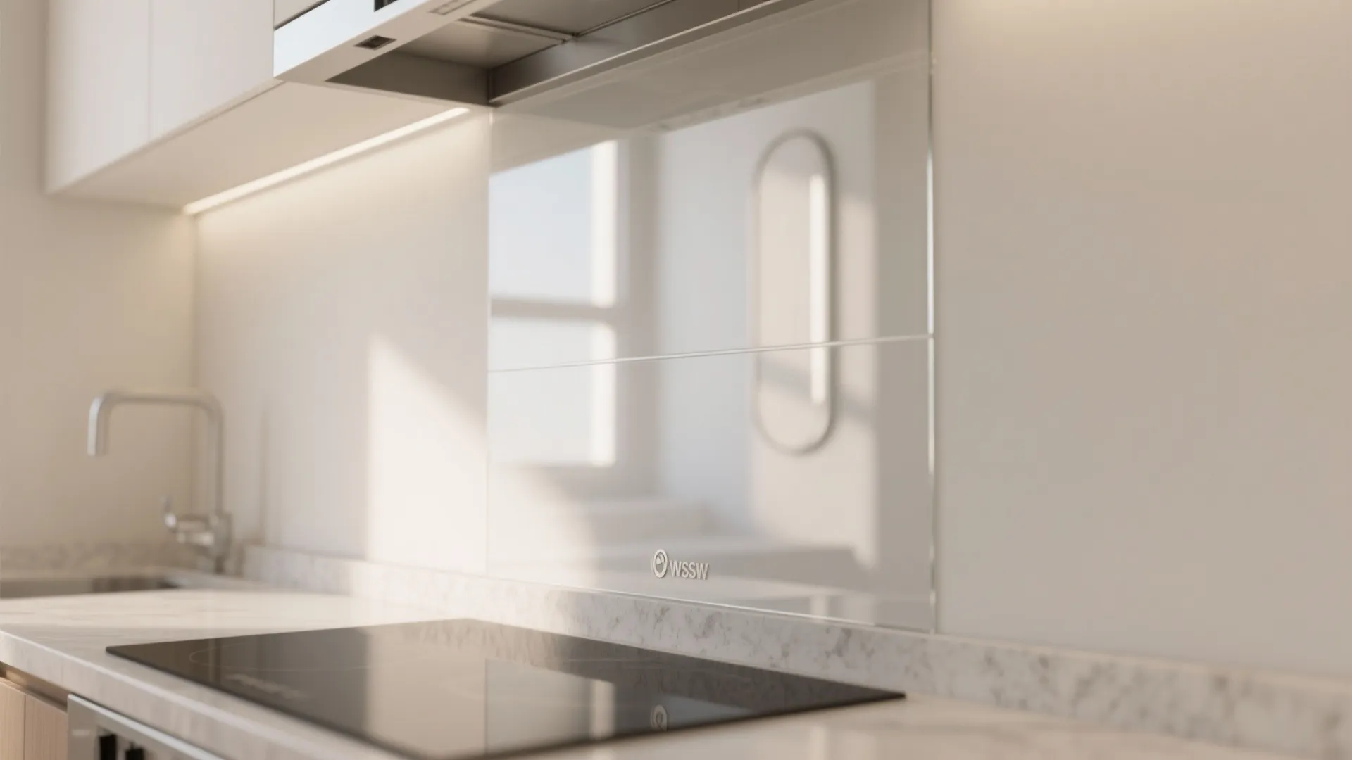 Modern kitchen with white cabinets marble countertop black induction stove and reflective glass wall panel design