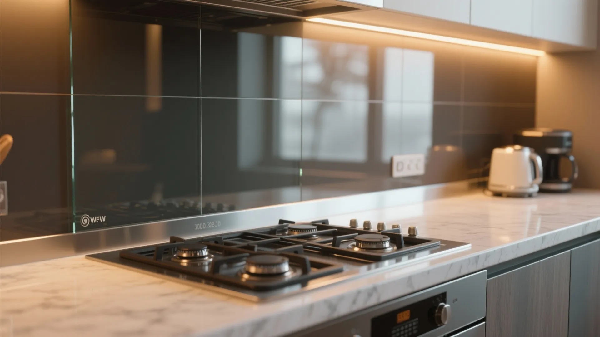 Glass Backsplash and Layered Lighting to Open the Kitchenette