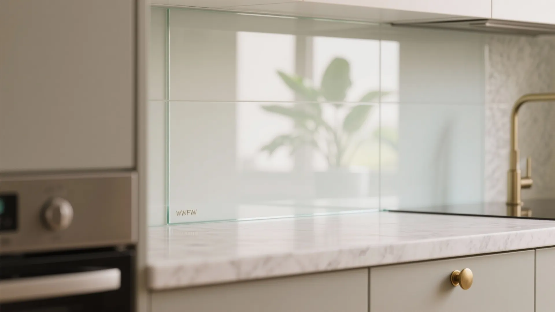 Glass backsplash and reflective finishes to open up space