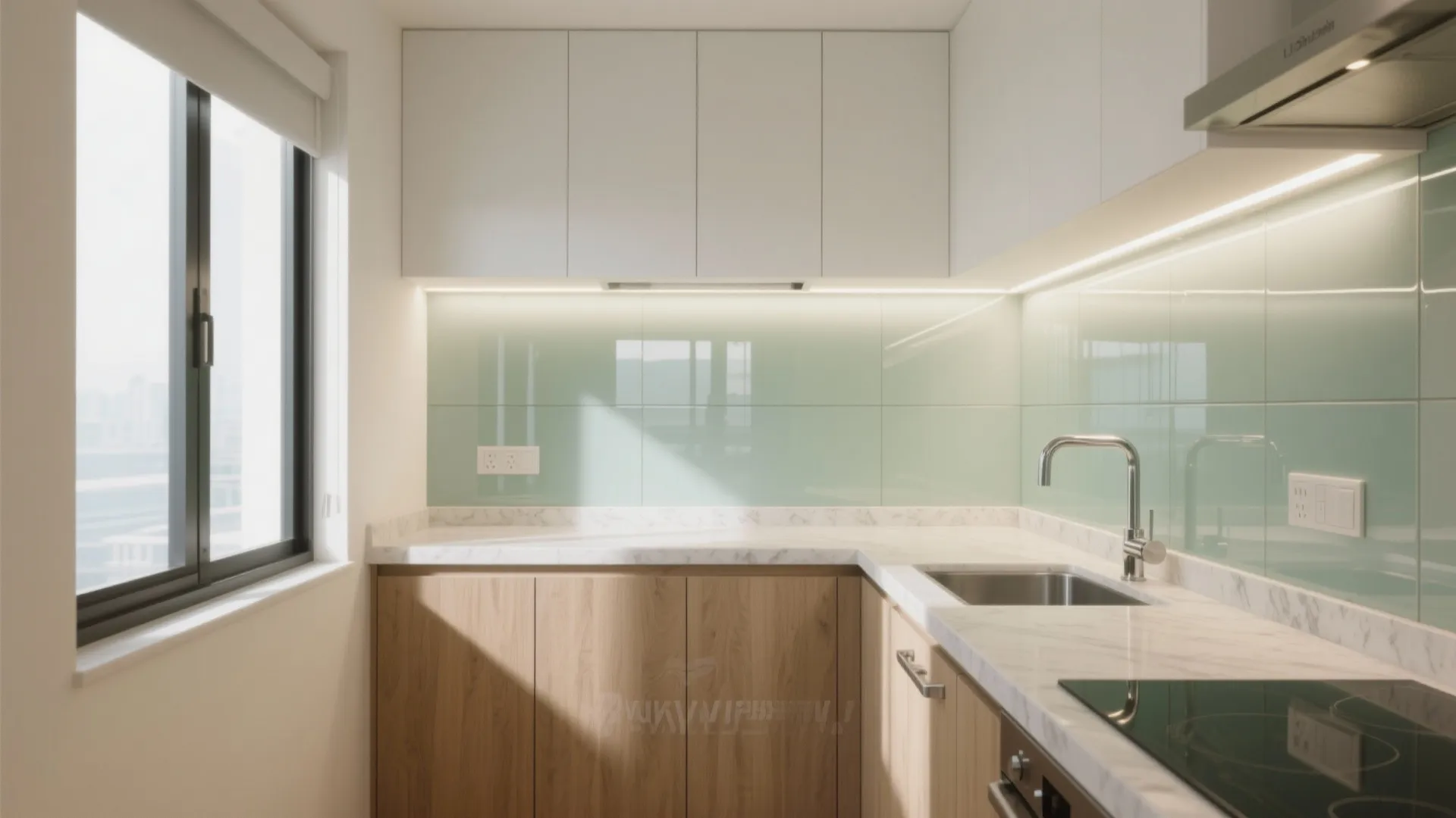Glass backsplash and reflective finishes for airiness