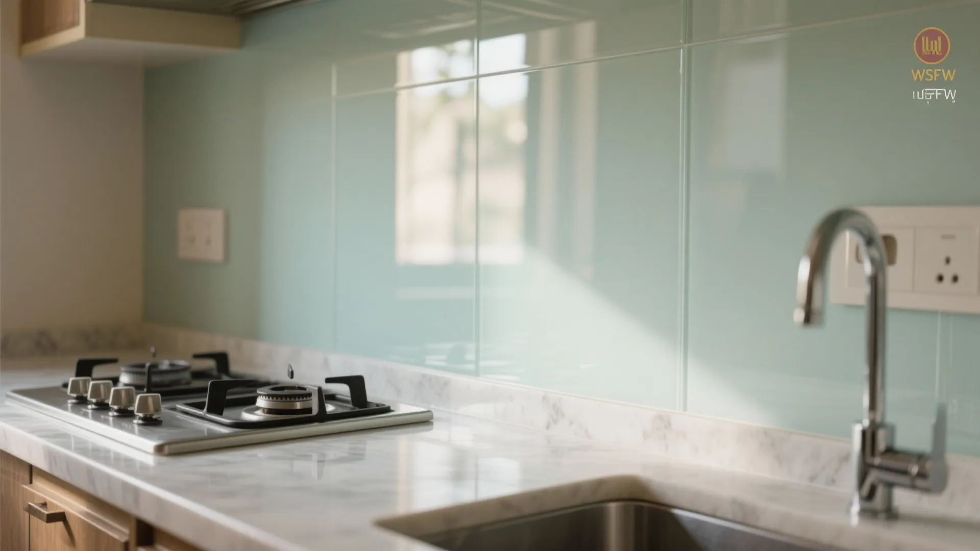 Modern kitchen with mint green glass wall panels white marble countertop and silver water tap
