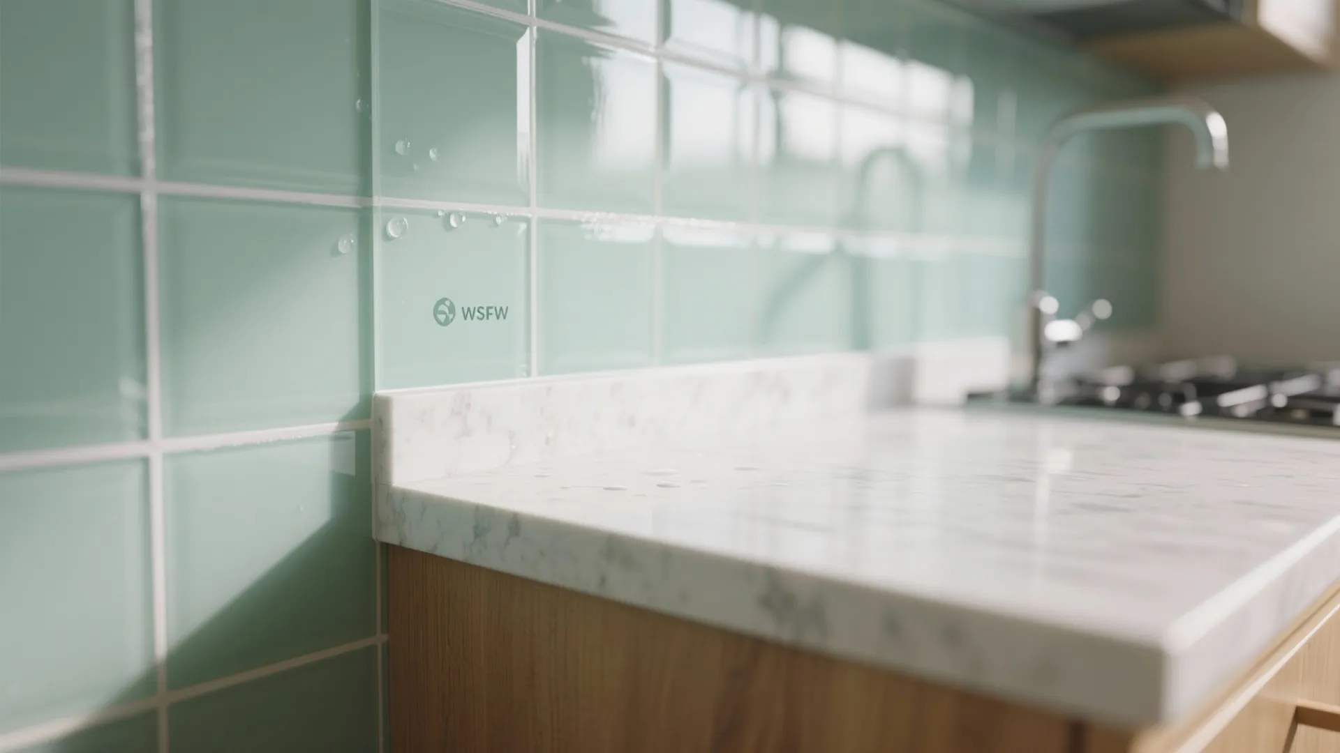 Close up of mint green wall tiles with water drops and white marble kitchen countertop