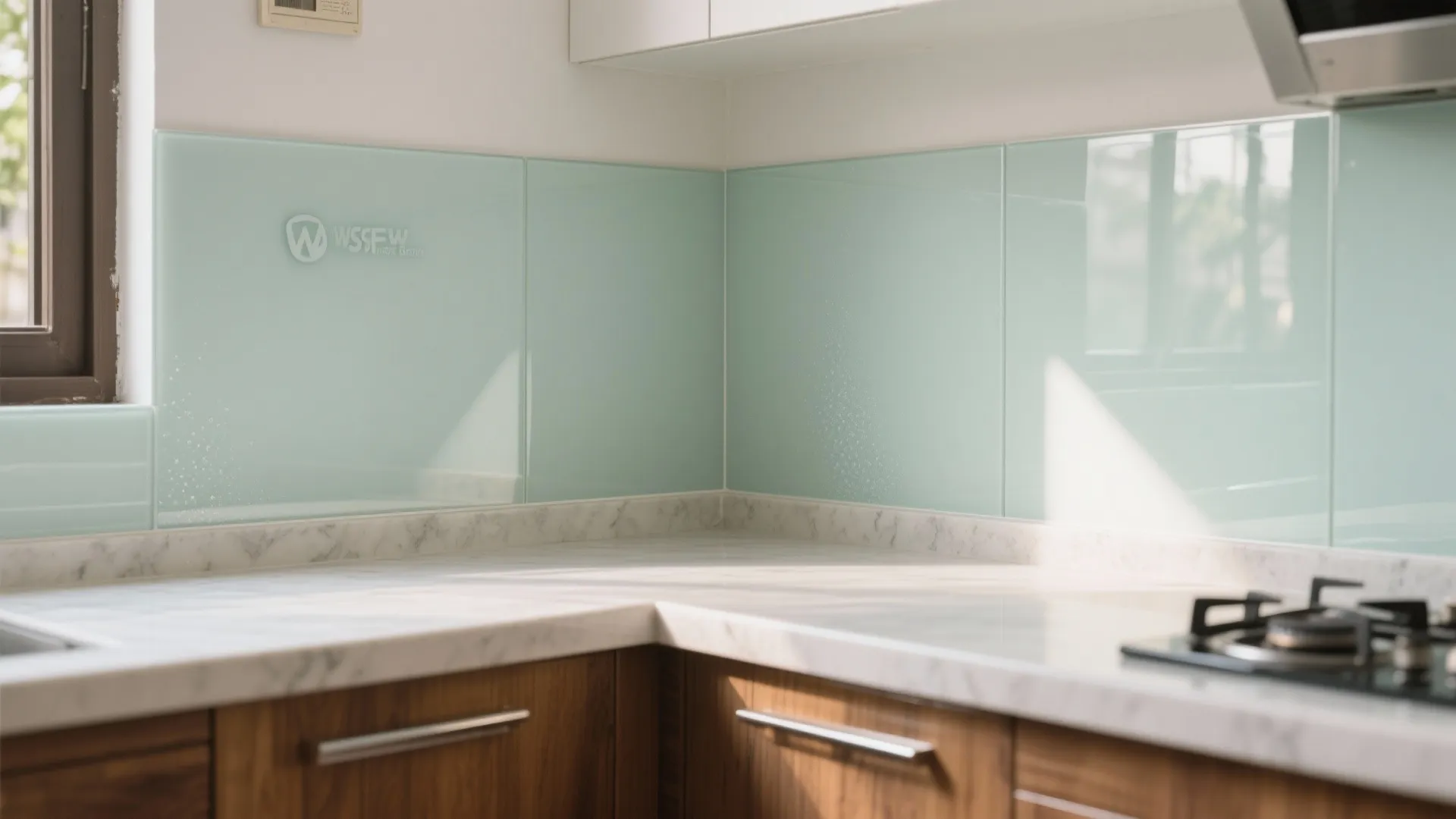 2) Glass backsplash and light-boosting finishes