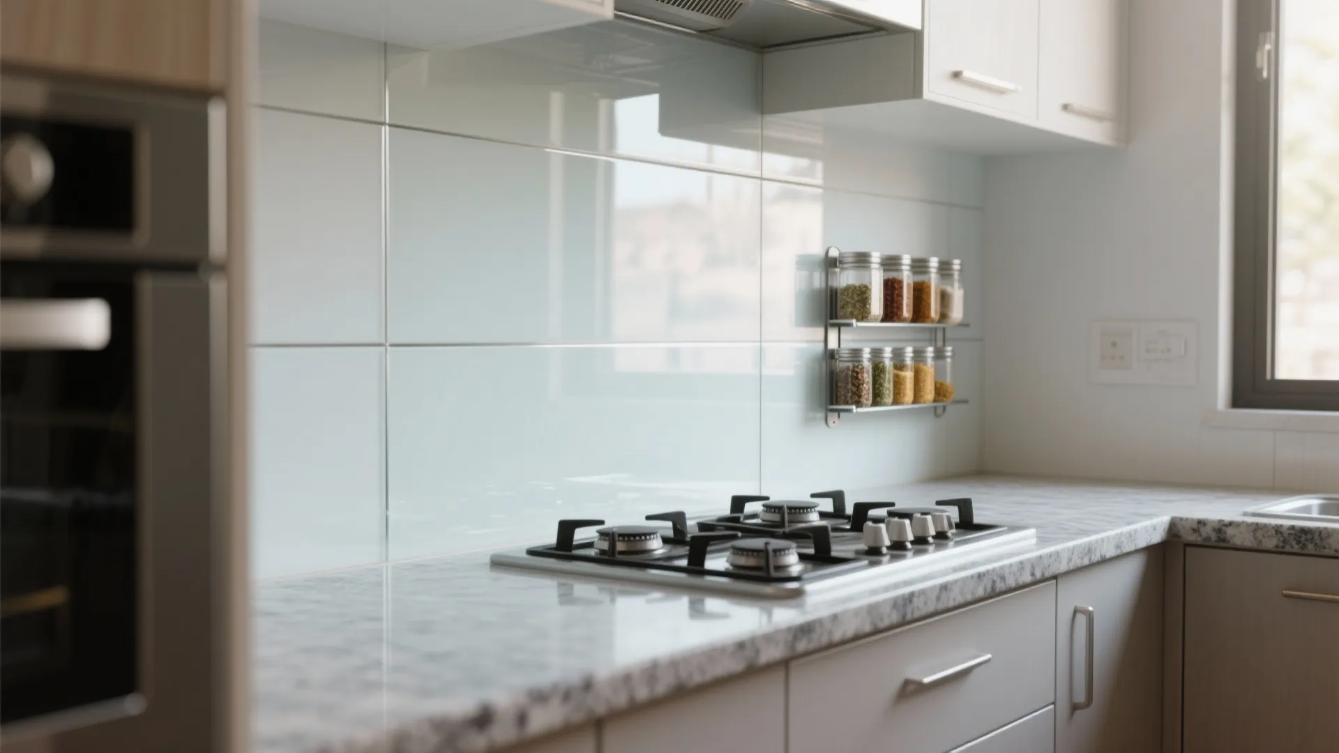 Glass backsplash for bounce and easy cleaning