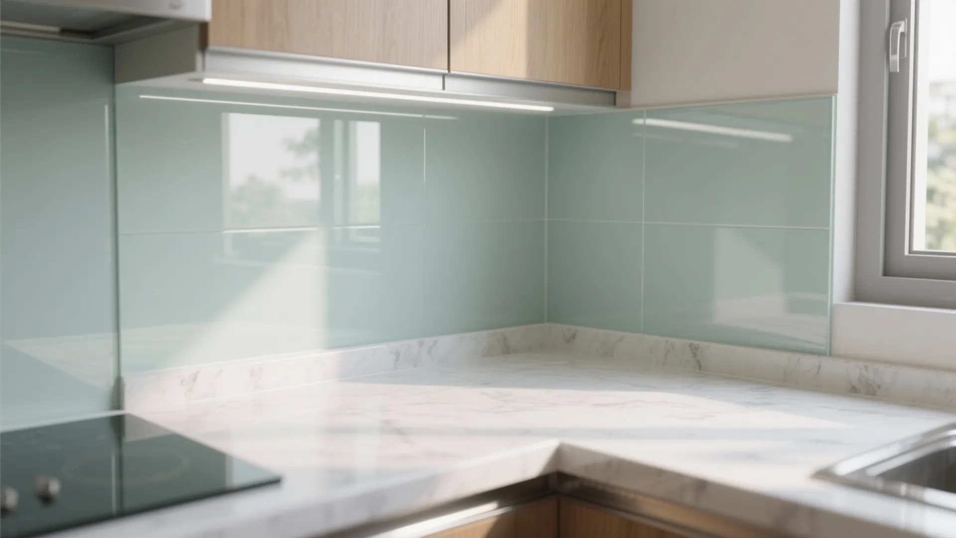Close up of a modern kitchen featuring white marble countertop green glass wall panels cabinets