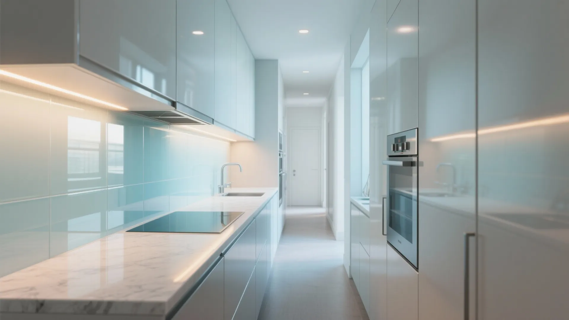 Glass Backsplash and Reflective Finishes to Brighten the Galley