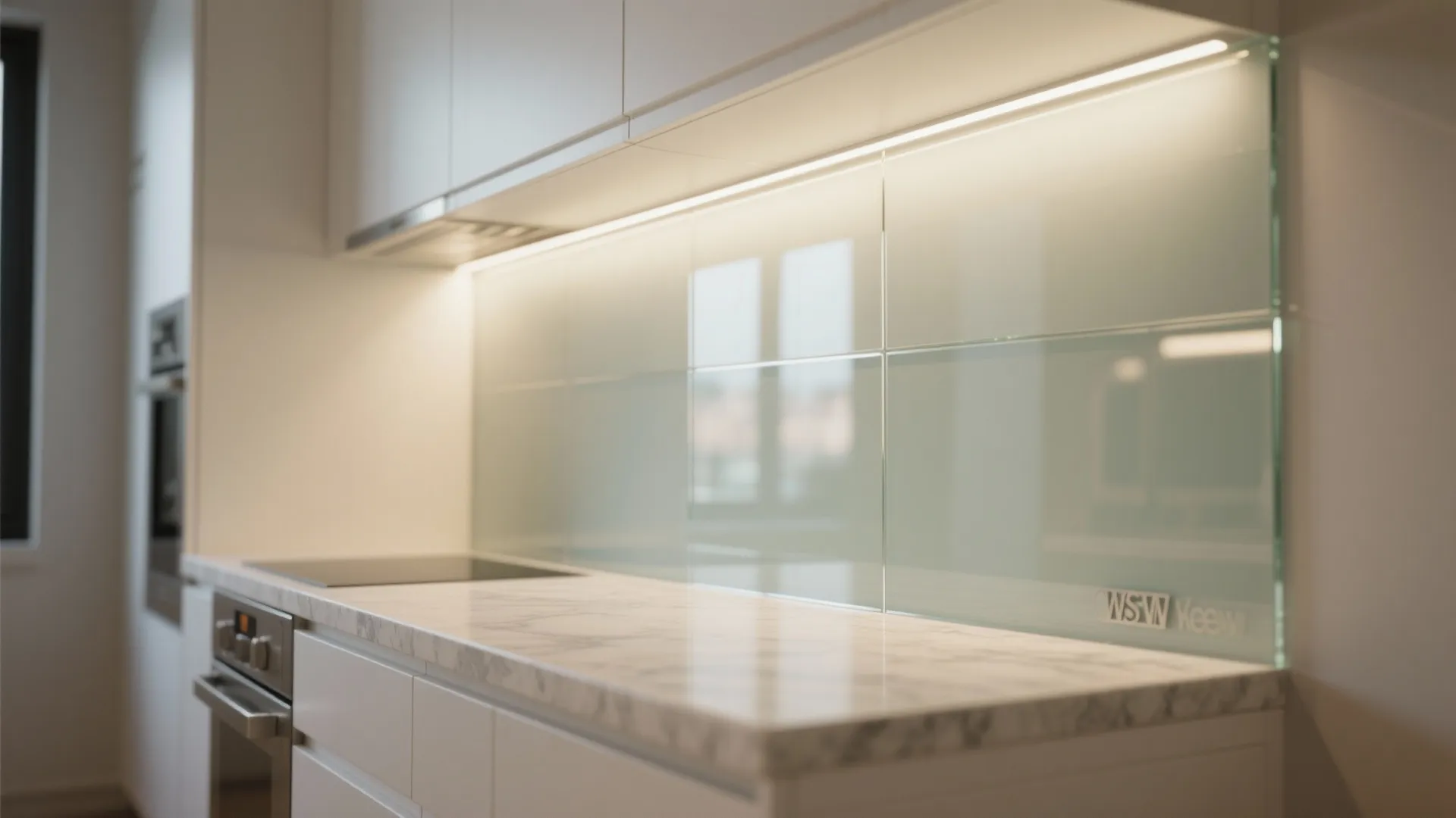 Glass backsplash for light and visual depth in a galley kitchen
