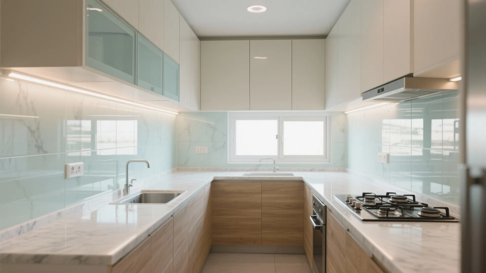 Glass backsplash and bright surfaces to beat the gloom