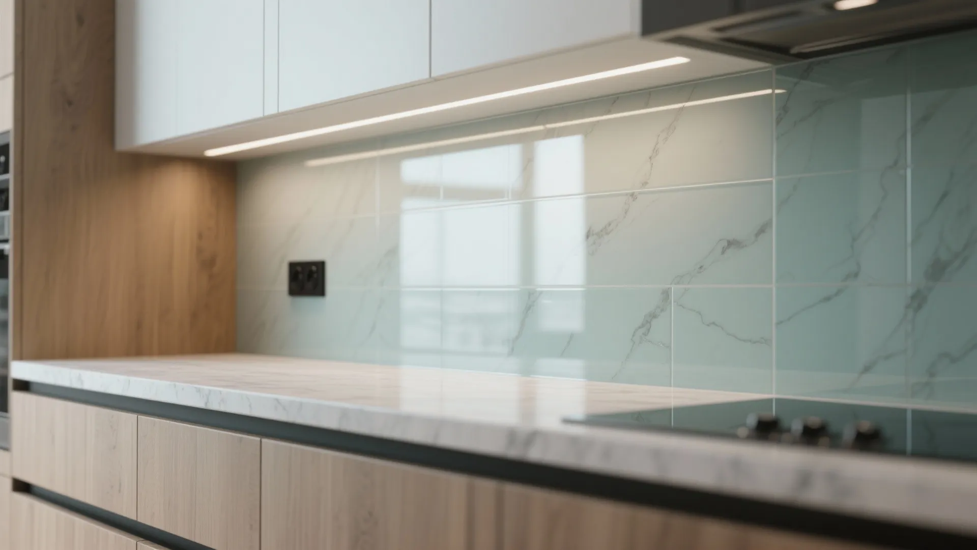 Glass backsplash brings airy brightness