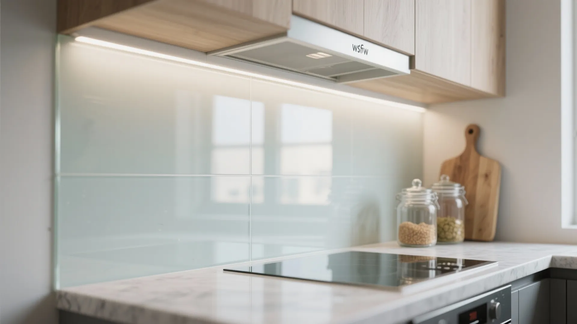Modern kitchen with light glass wall panel, wooden cabinets, strip light fixture, and black stove