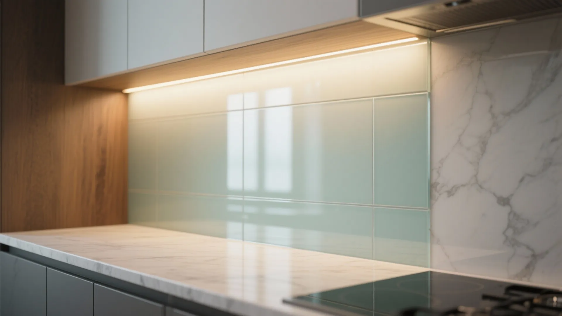 Kitchen counter with marble surface light blue glass wall panel and warm hidden cabinet light