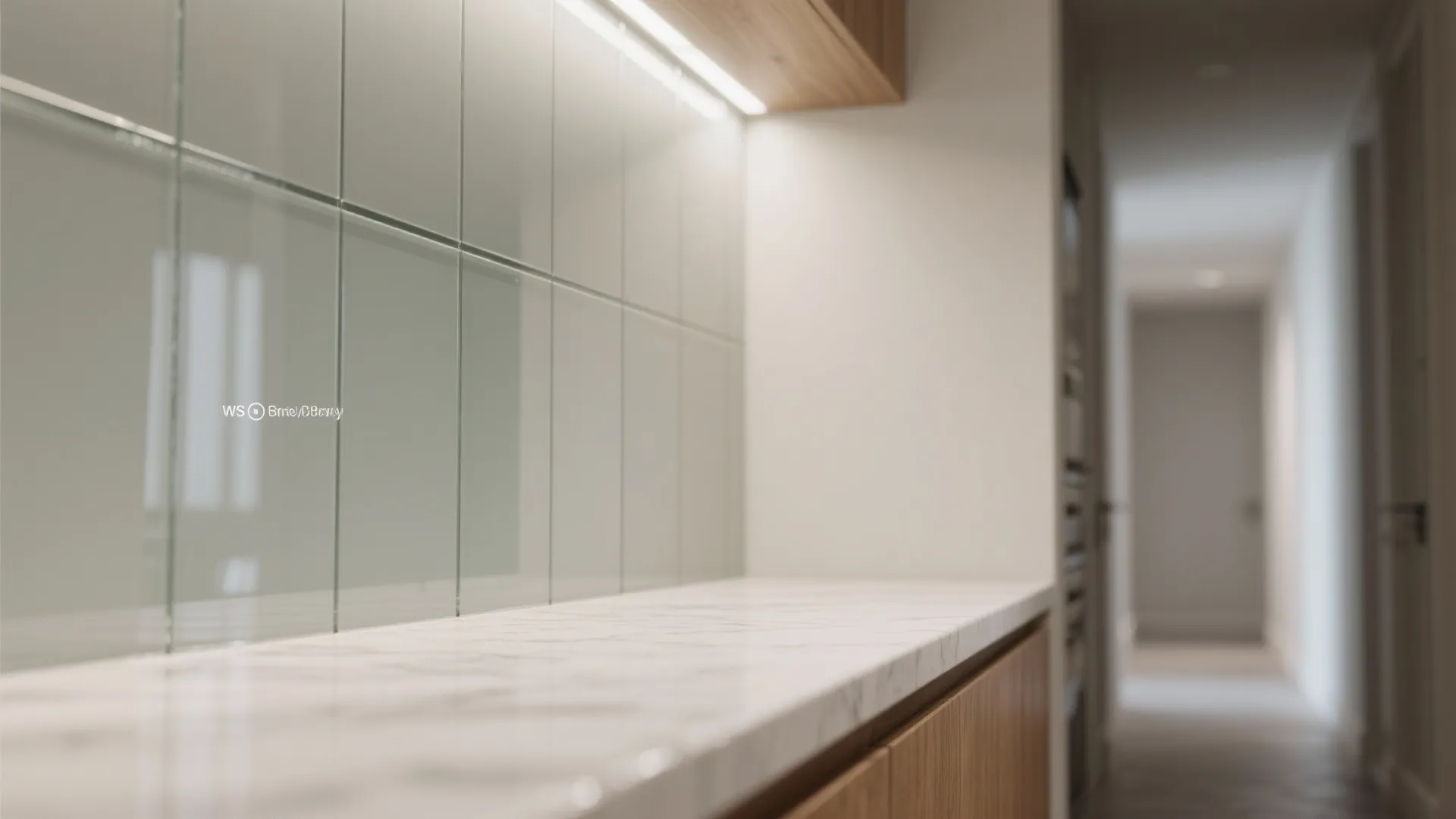 Glass backsplash and reflective finishes for continuity