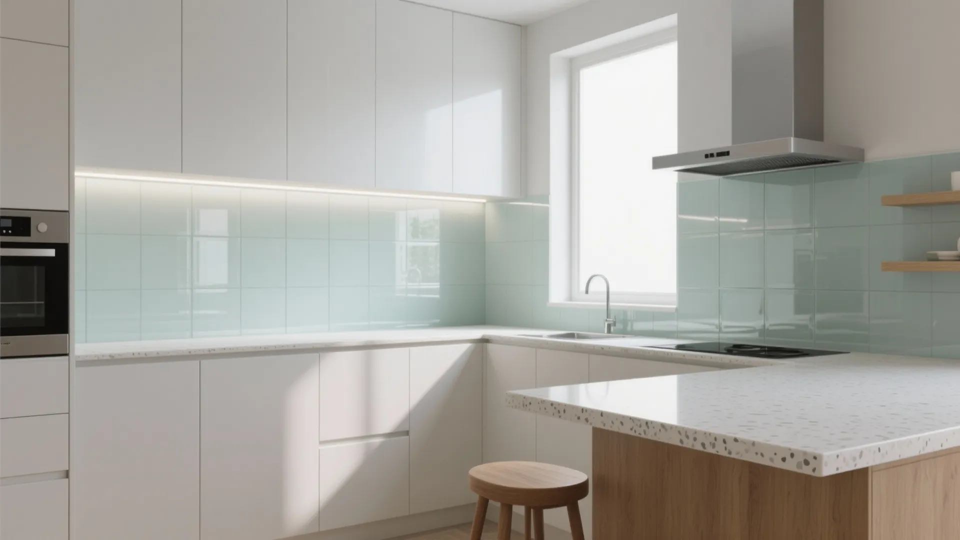 Glass backsplash and reflective finishes for an airy kitchen
