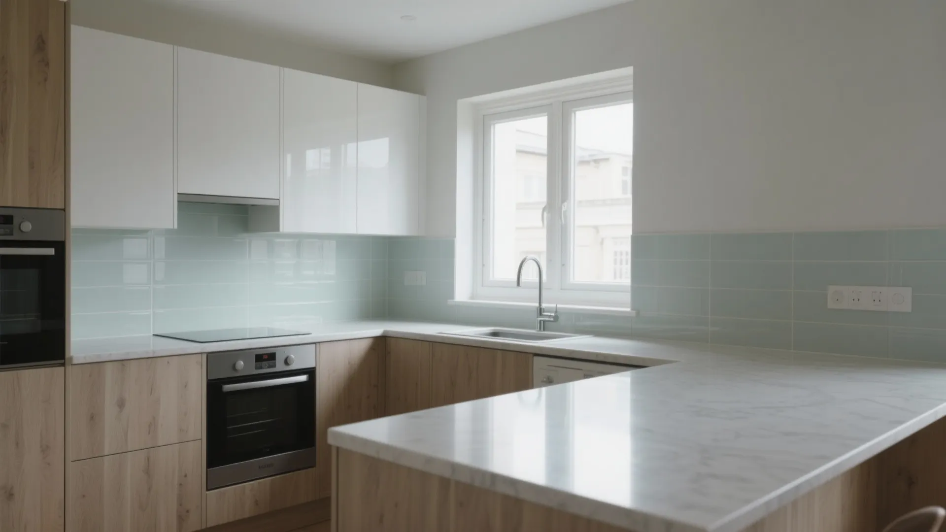 A glass backsplash and light-reflecting finishes