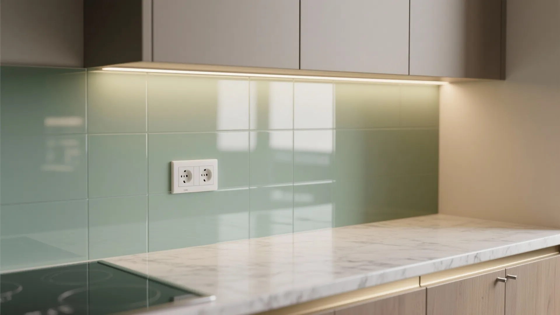 Glass backsplash for the airy, easy-to-clean kitchen