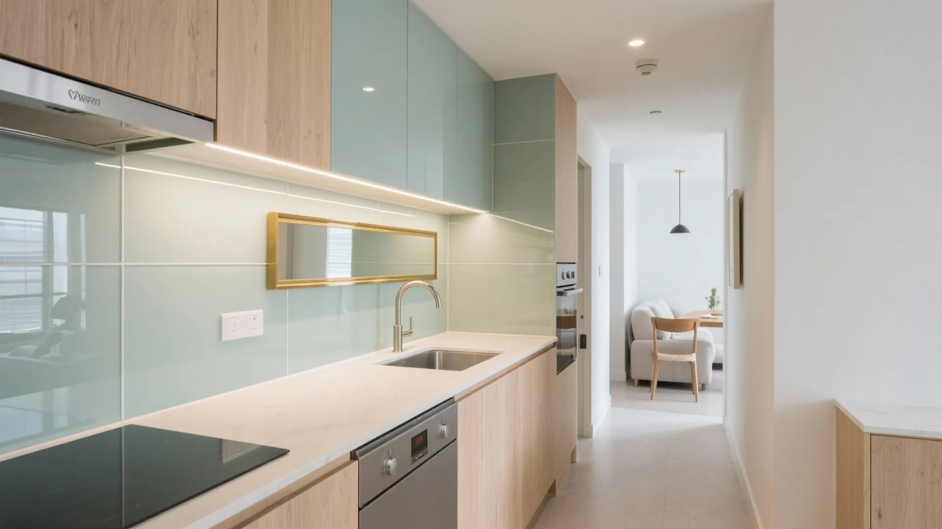 Glass backsplash and reflective accents to expand light