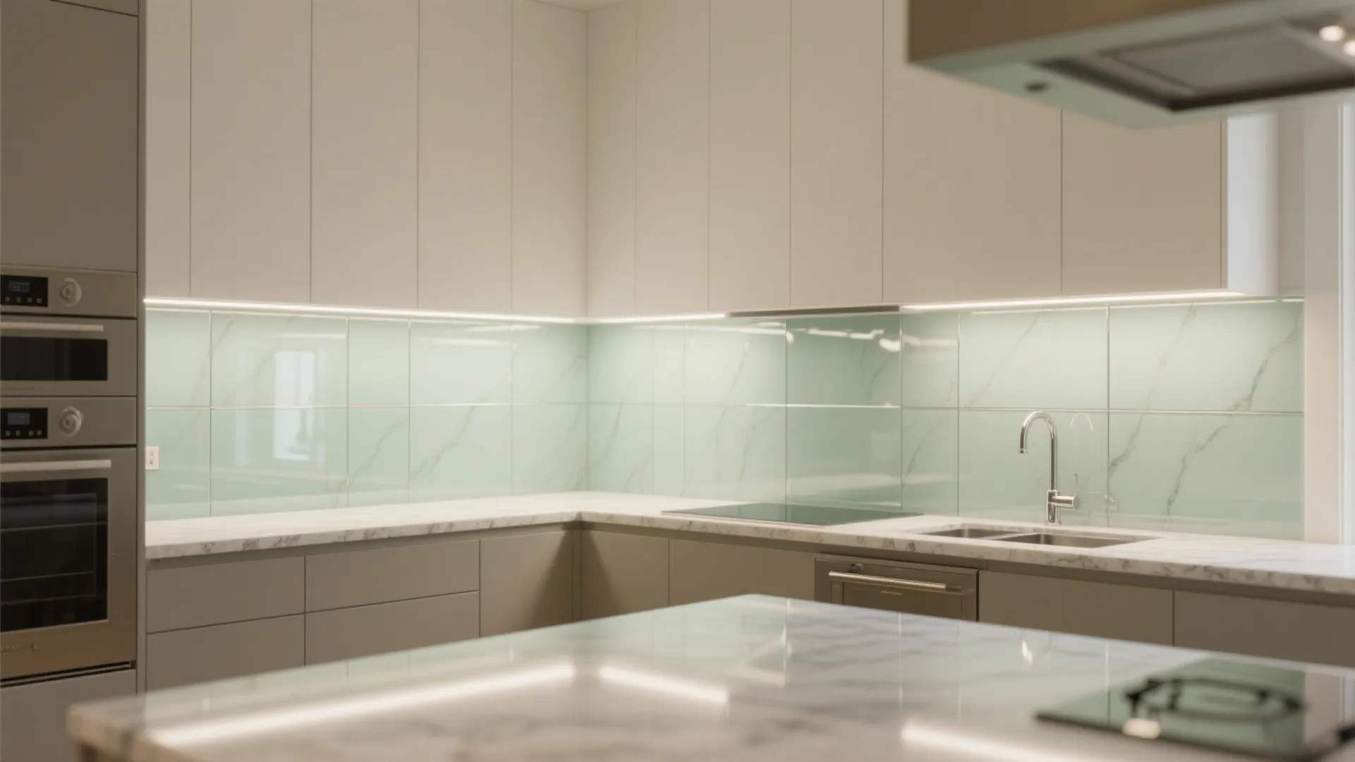 Glass backsplash and reflective touches to bounce light