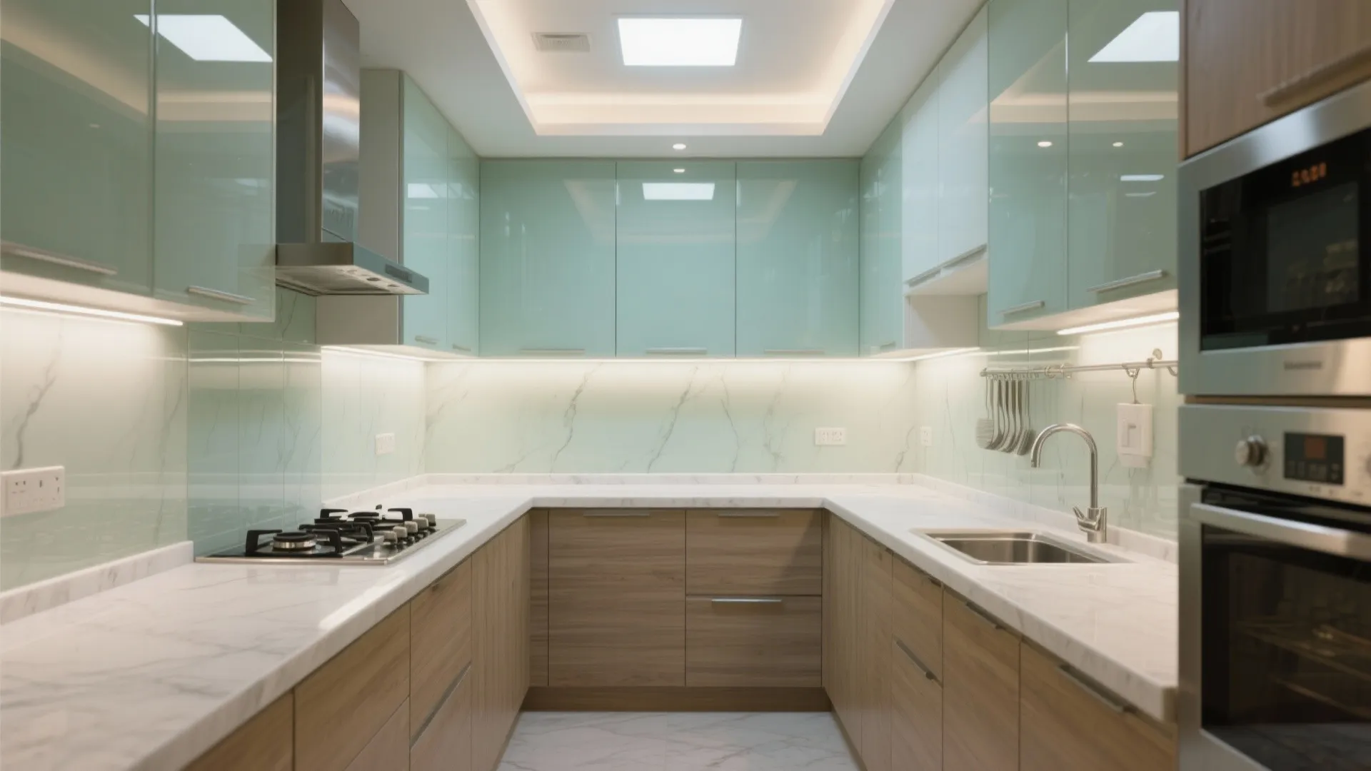 Brighter kitchen with a glass backsplash and layered lighting