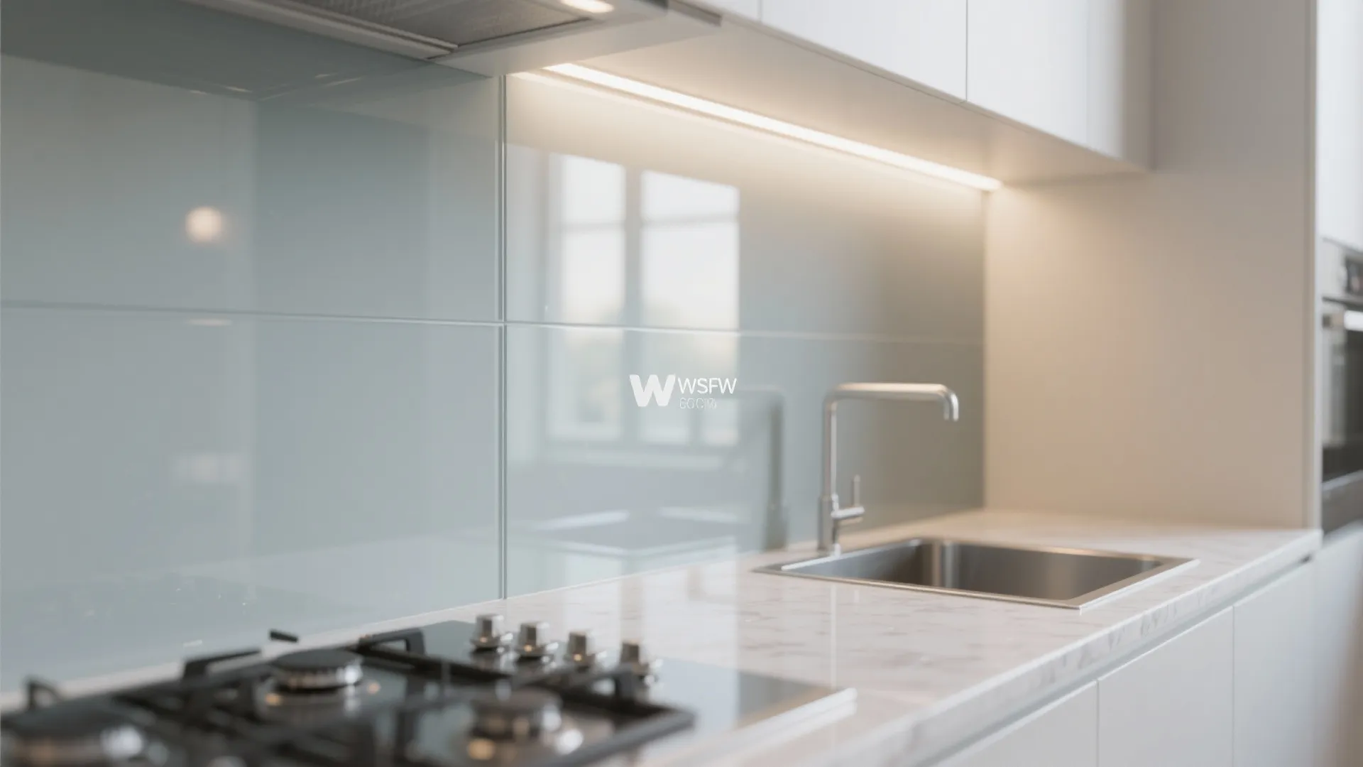 Glass backsplash and light-reflecting finishes
