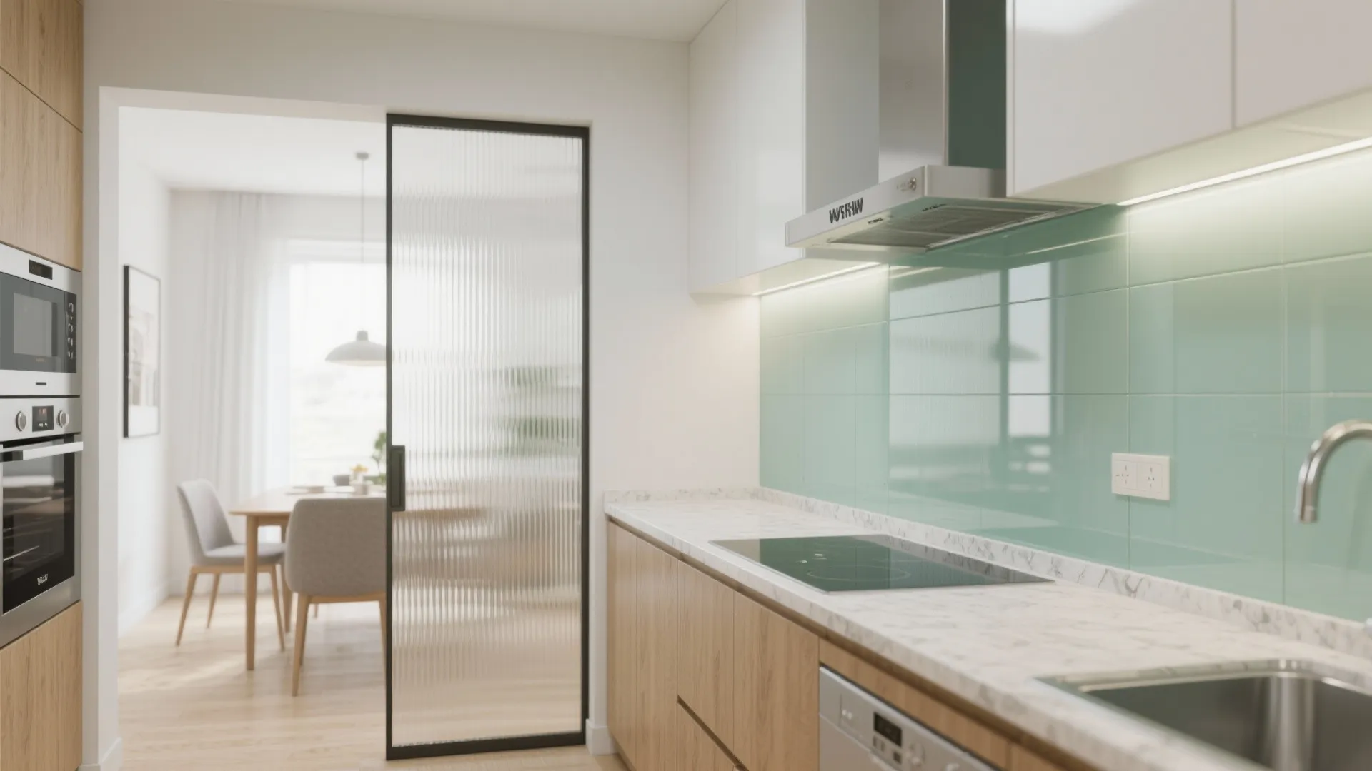 Glass backsplash and sliding partitions for an airier kitchen