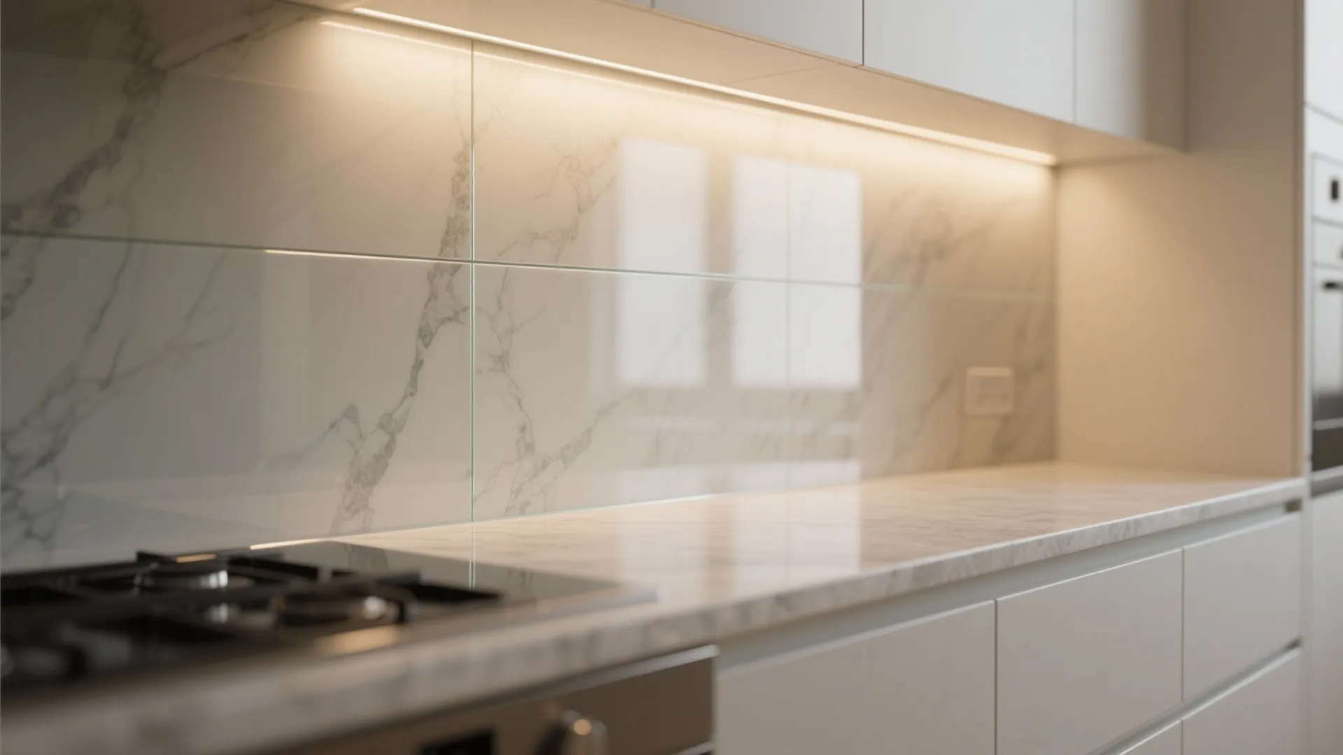 The light trick: glass backsplash and reflective accents