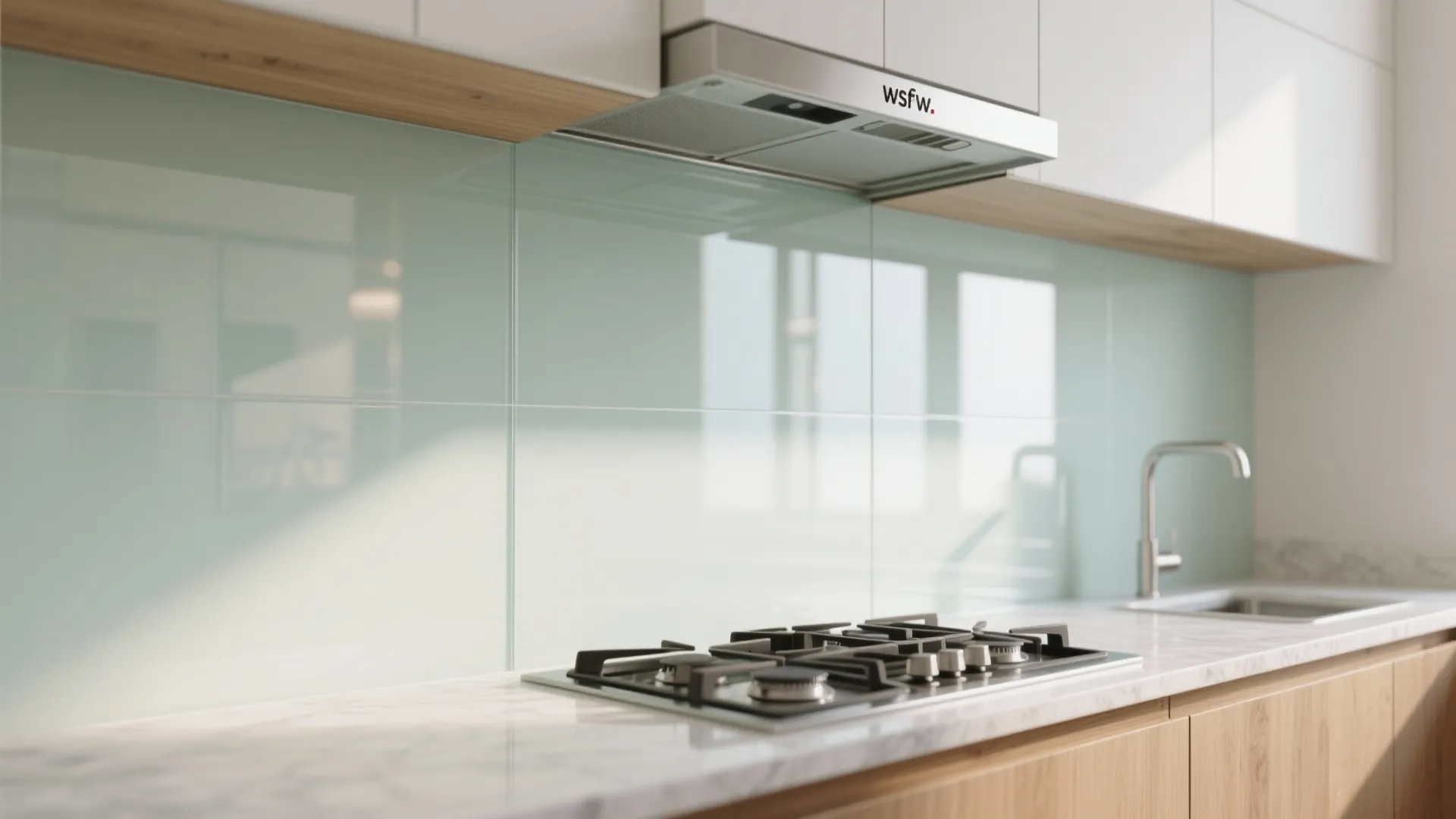 Glass backsplash for an airy, easy-clean kitchen