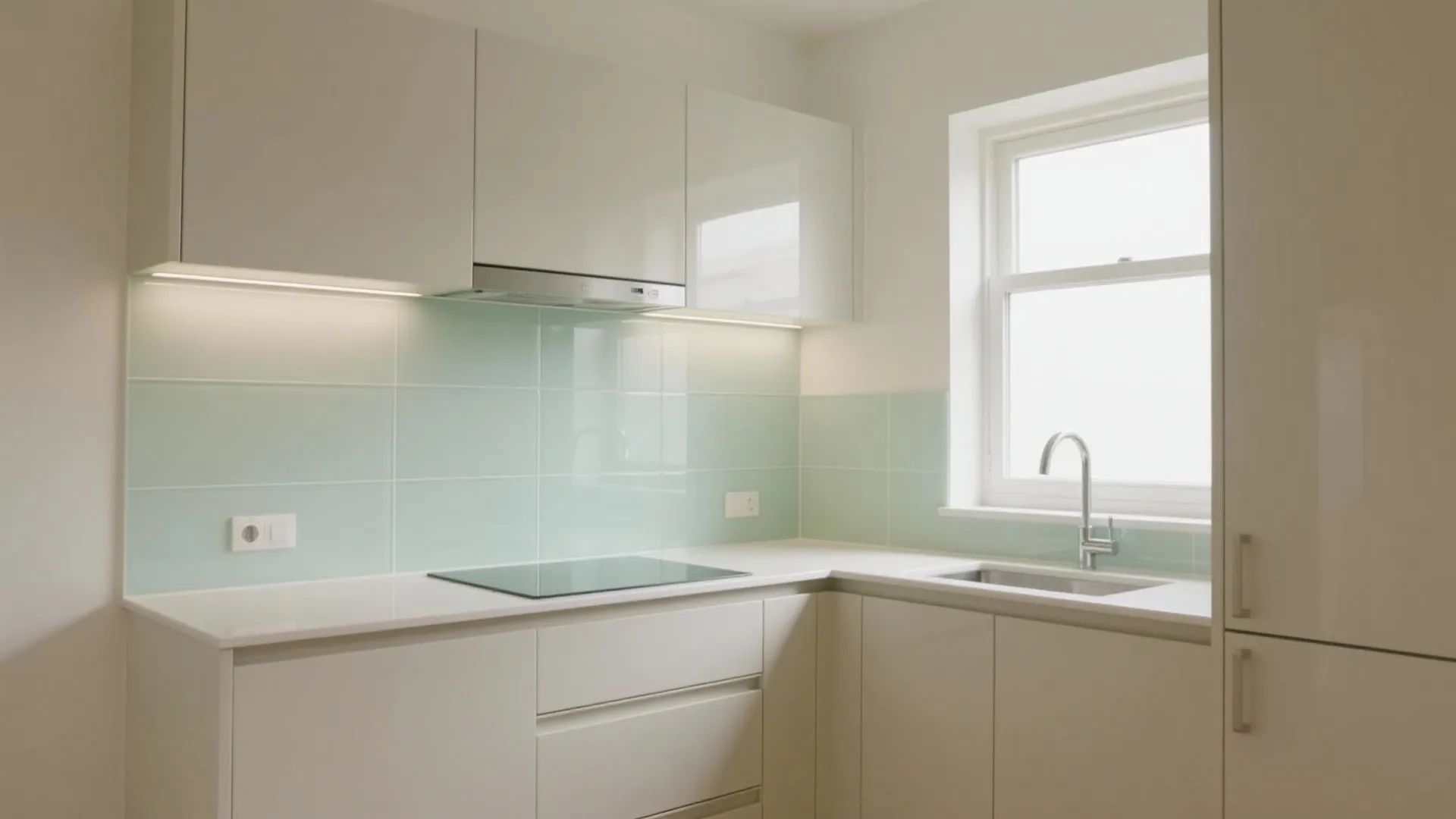 Glass backsplash and reflective finishes to open up the kitchen