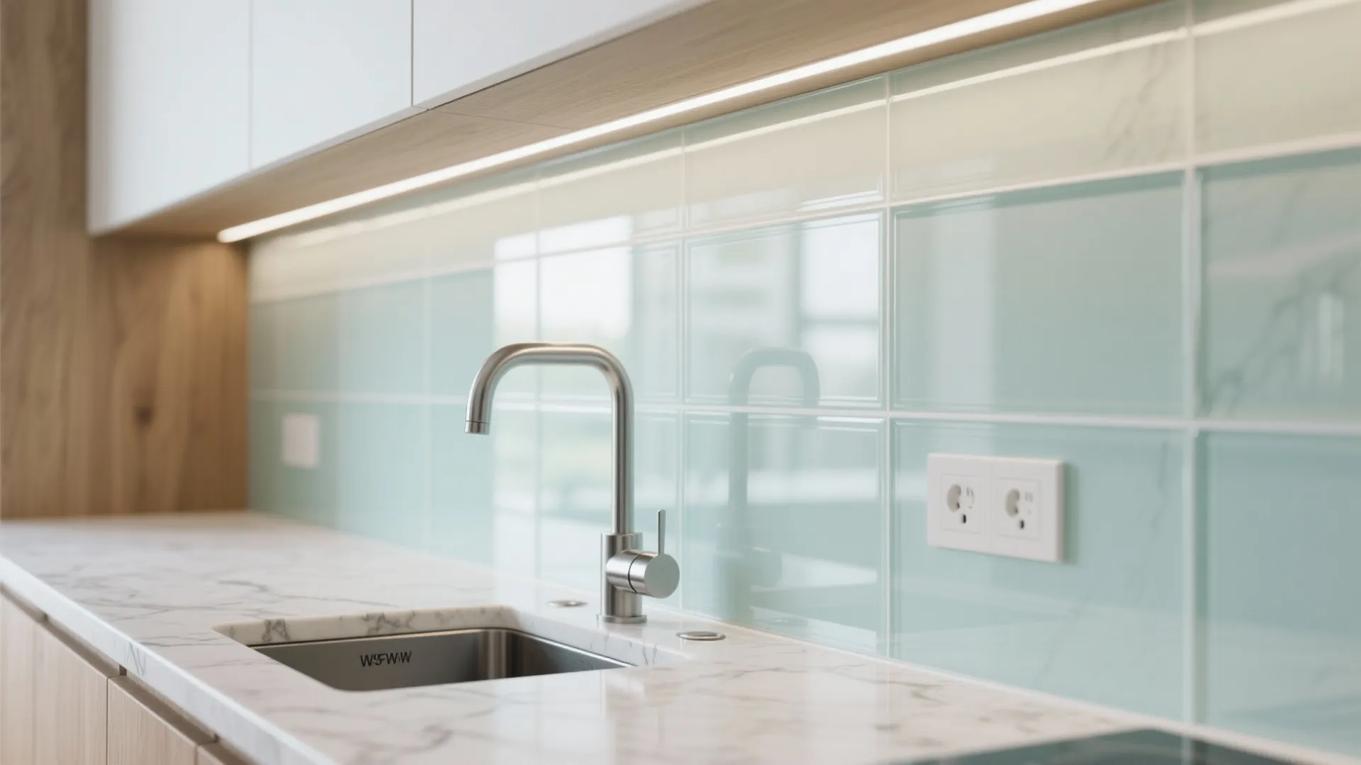 Close up of a kitchen sink with metal water tap and light blue glass wall tiles
