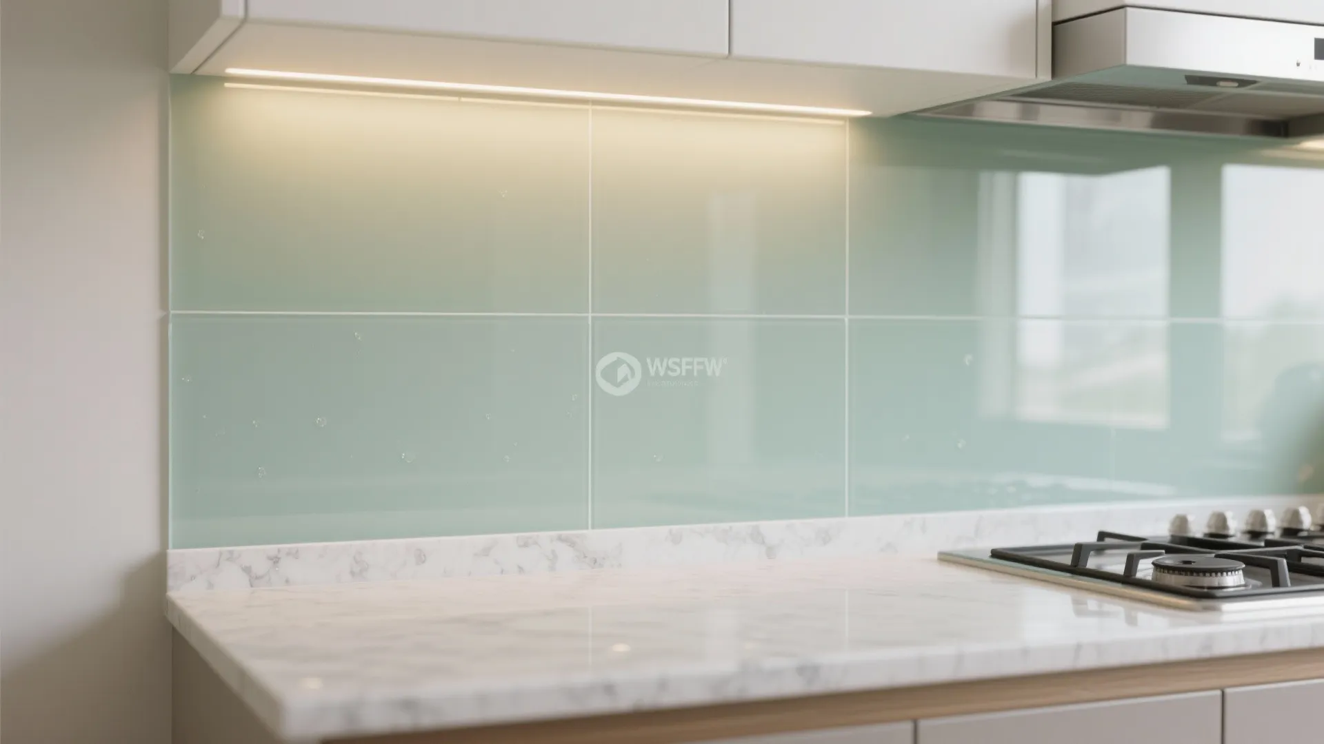 Glass backsplash for brighter, easy‑clean cooking