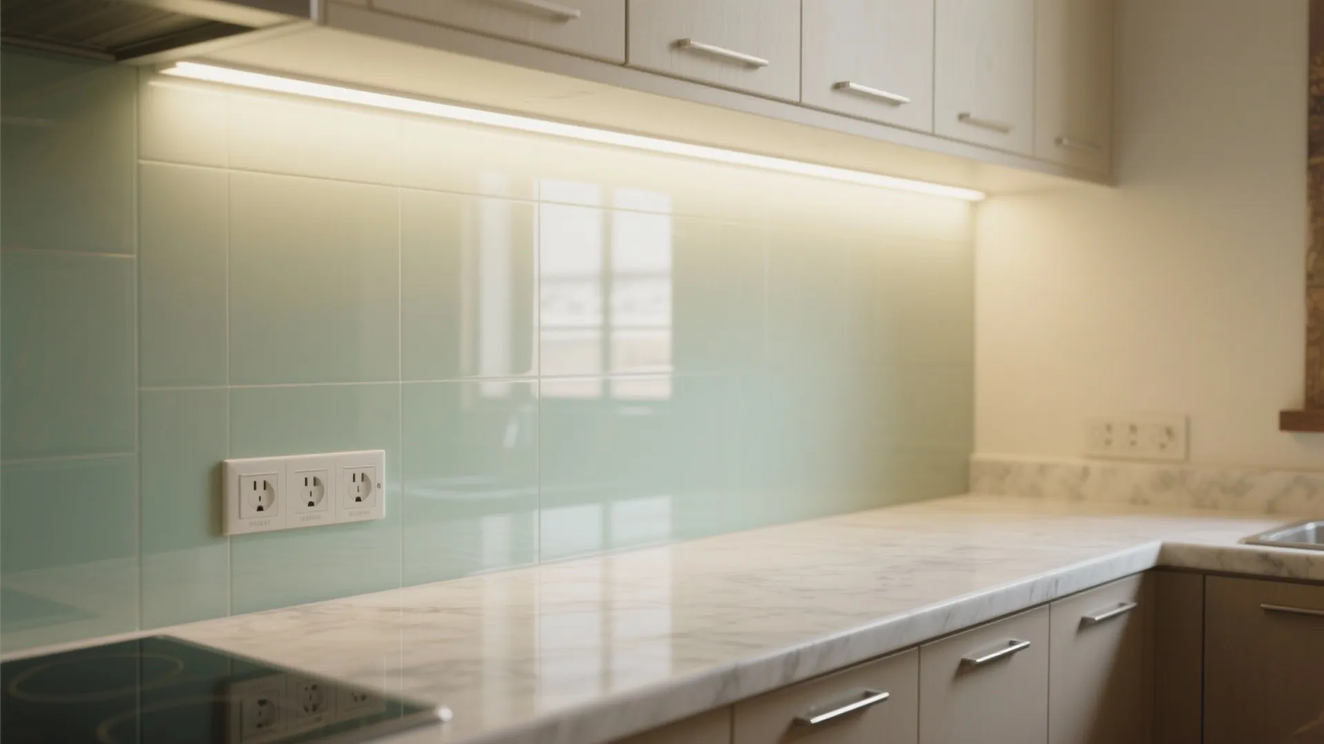 2) Glass Backsplash Brightness in a Compact Kitchen